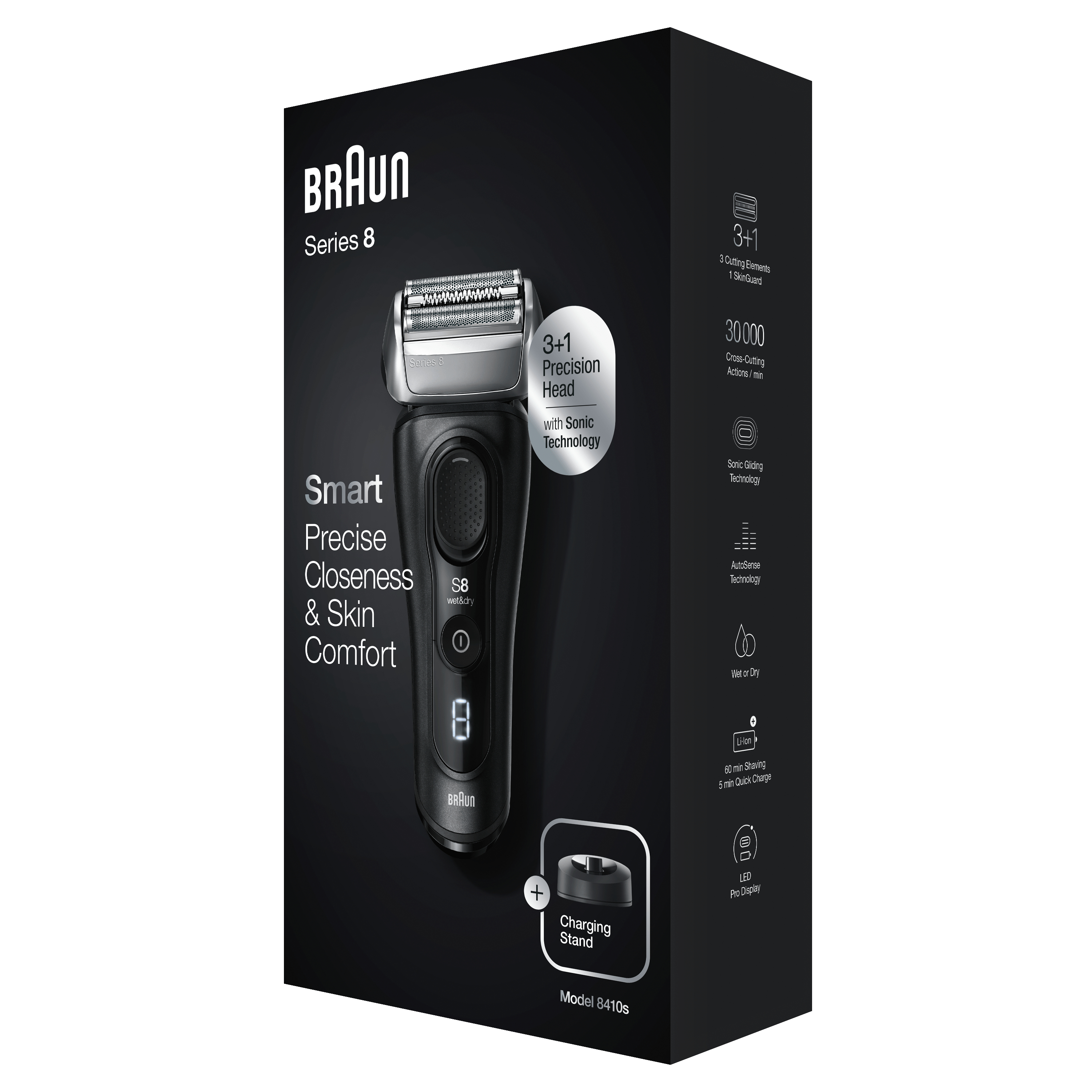 Scatola del rasoio elettrico Braun Series 8 nera con immagine del rasoio. Sono mostrate caratteristiche e specifiche.