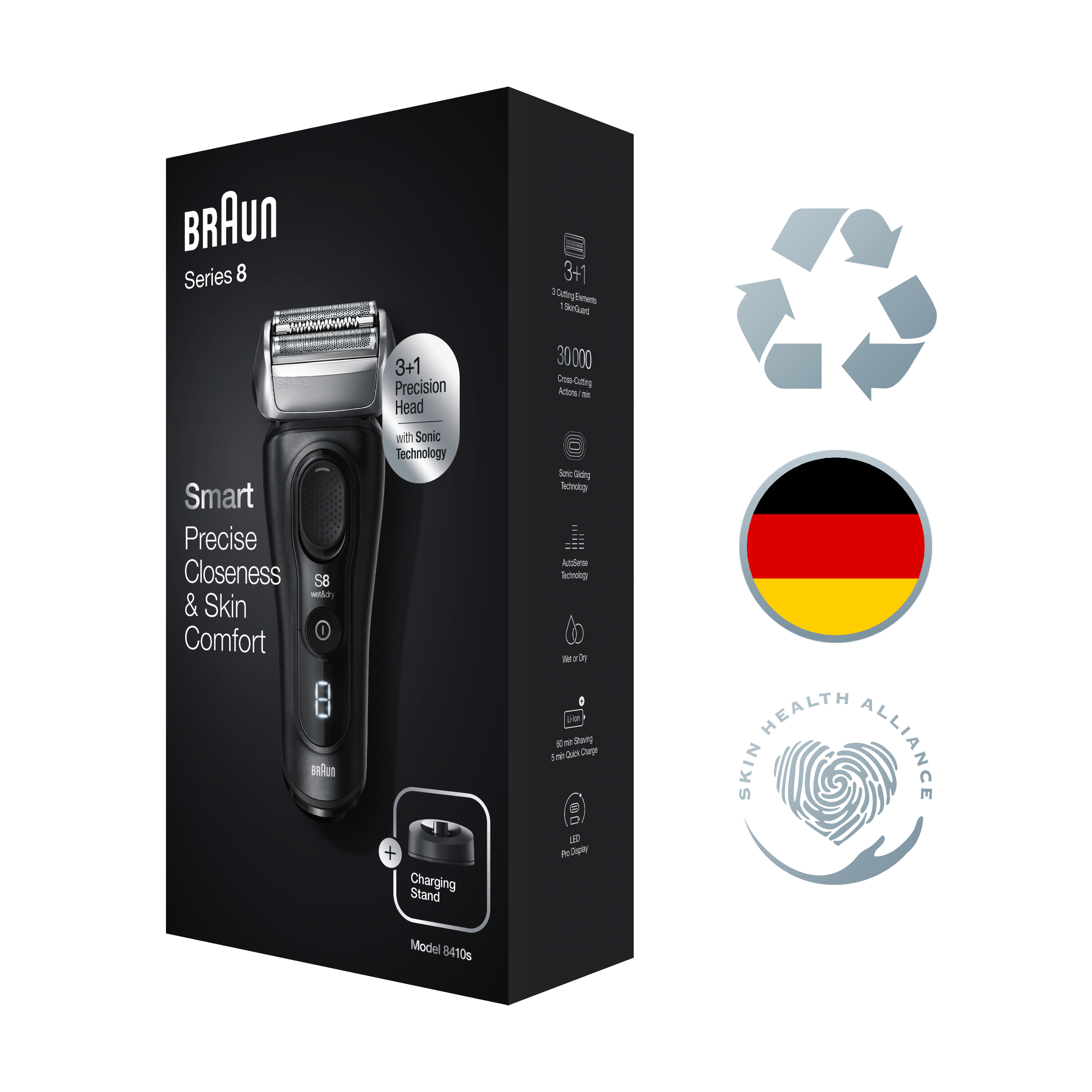 Un rasoio elettrico Braun Series 8 nero in una scatola con una base di ricarica e una descrizione.