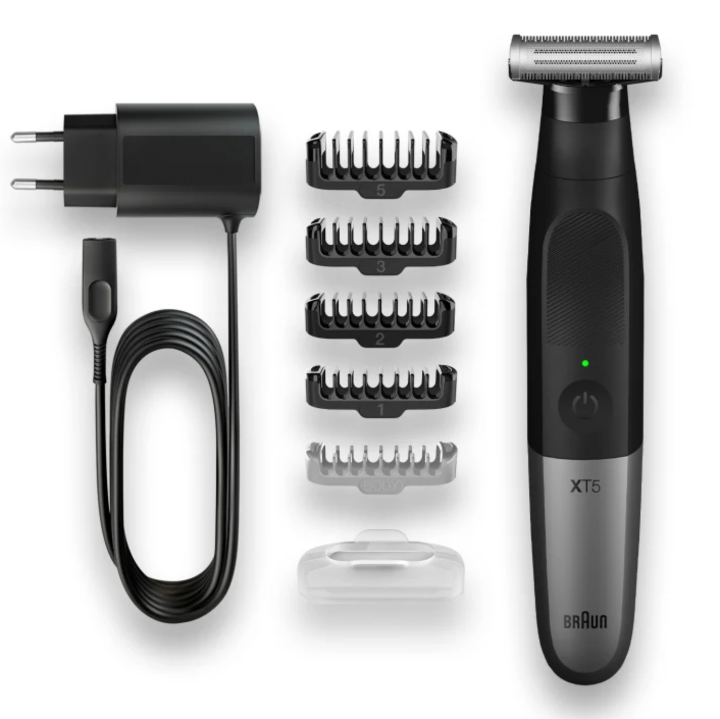 Un kit per la cura maschile nero, tra cui un rasoio, un cavo di ricarica e vari accessori per il trimmer.