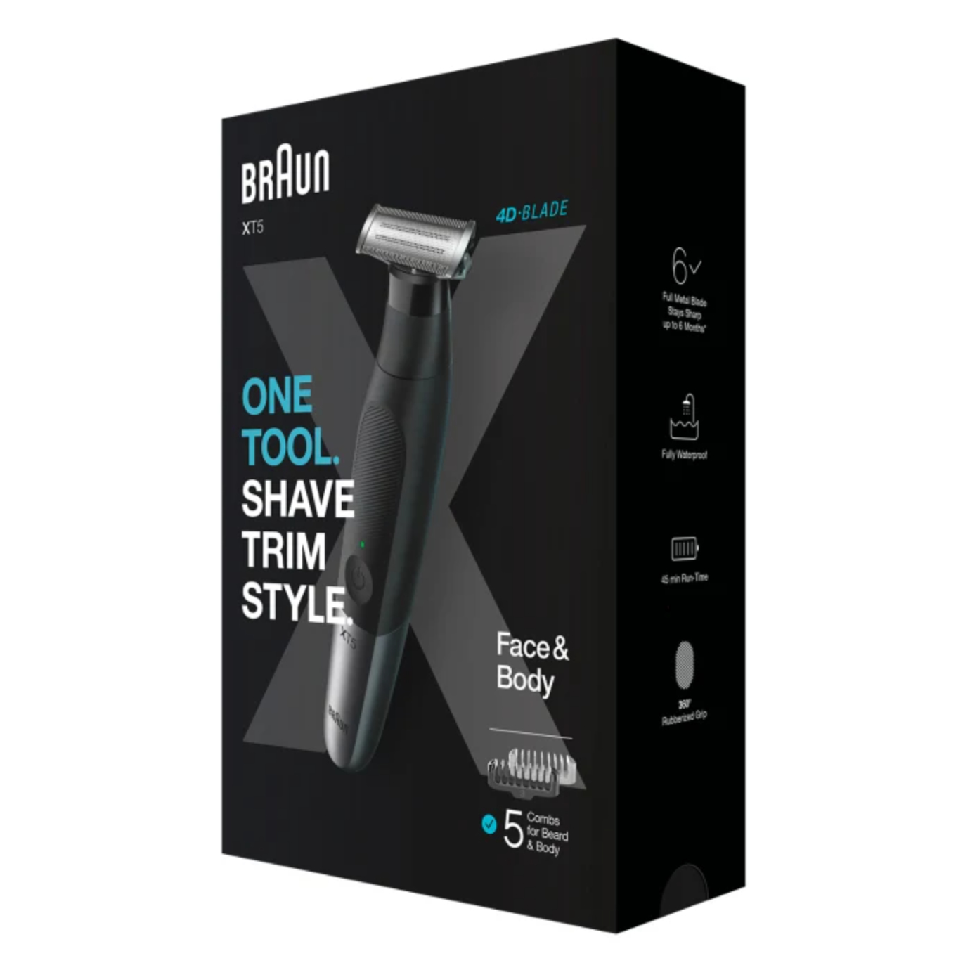 Scatola del rasoio elettrico Braun XT5 nero con immagine del rasoio. Sono mostrate caratteristiche e testo.