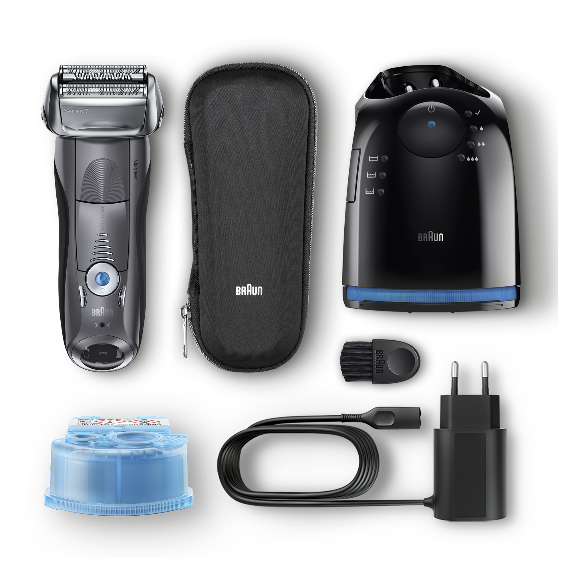 Kit da barba con rasoio, stazione di ricarica e accessori. Colori nero e blu.