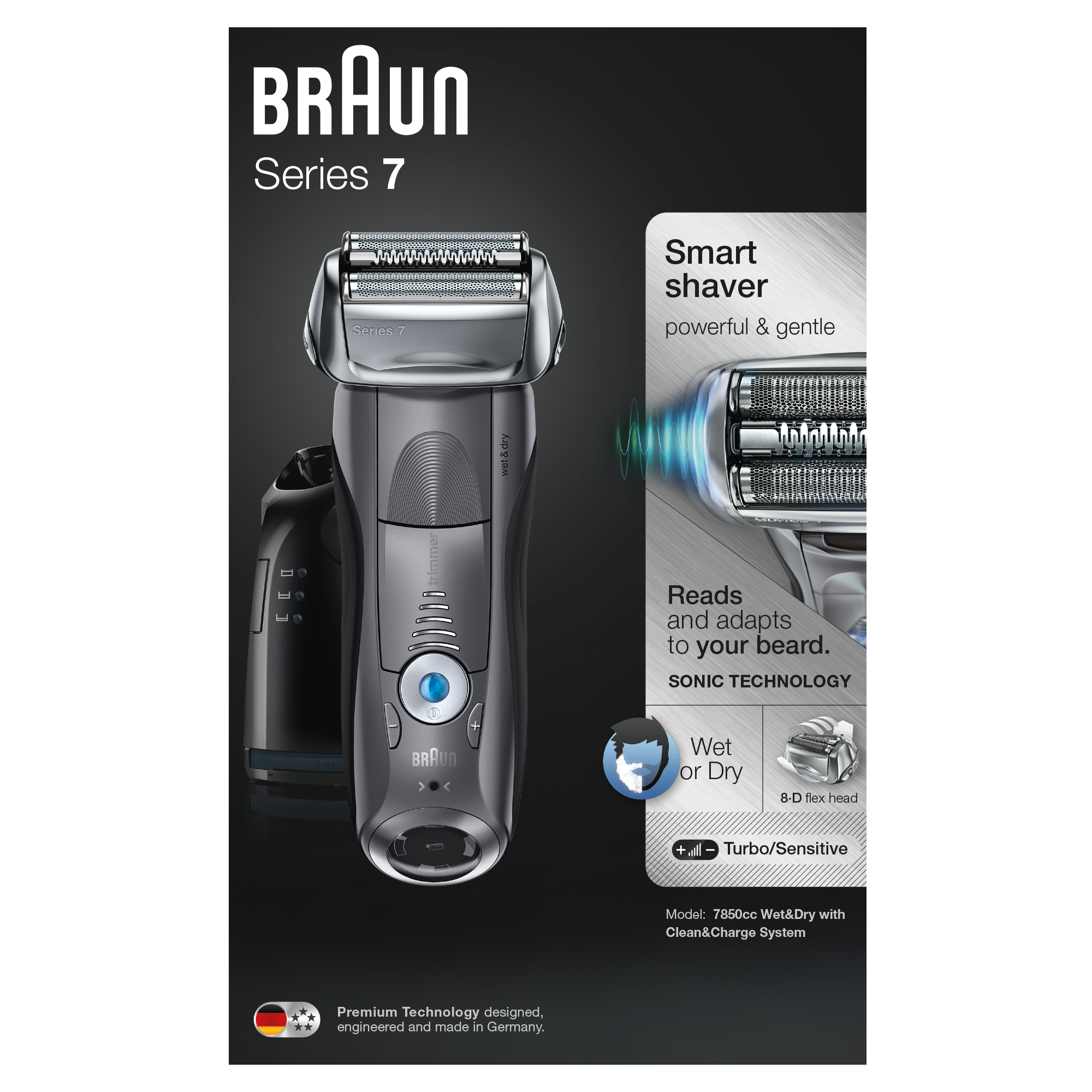 Rasoio elettrico Braun Series 7, su sfondo nero. Testo: Rasoio intelligente.
