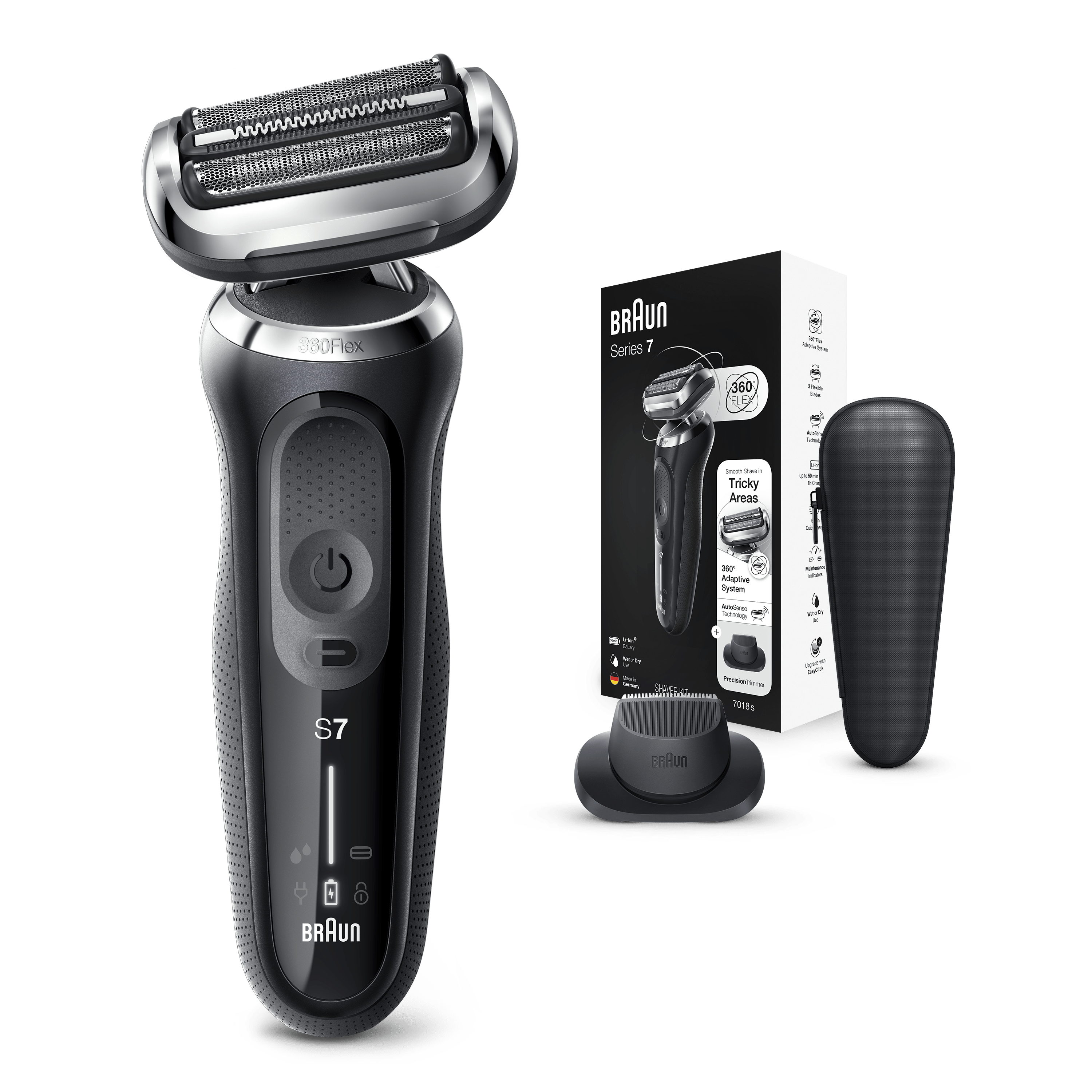 Braun Series 7 elektrikli tıraş makinesi, kutu, temizleme fırçası ve seyahat çantası.