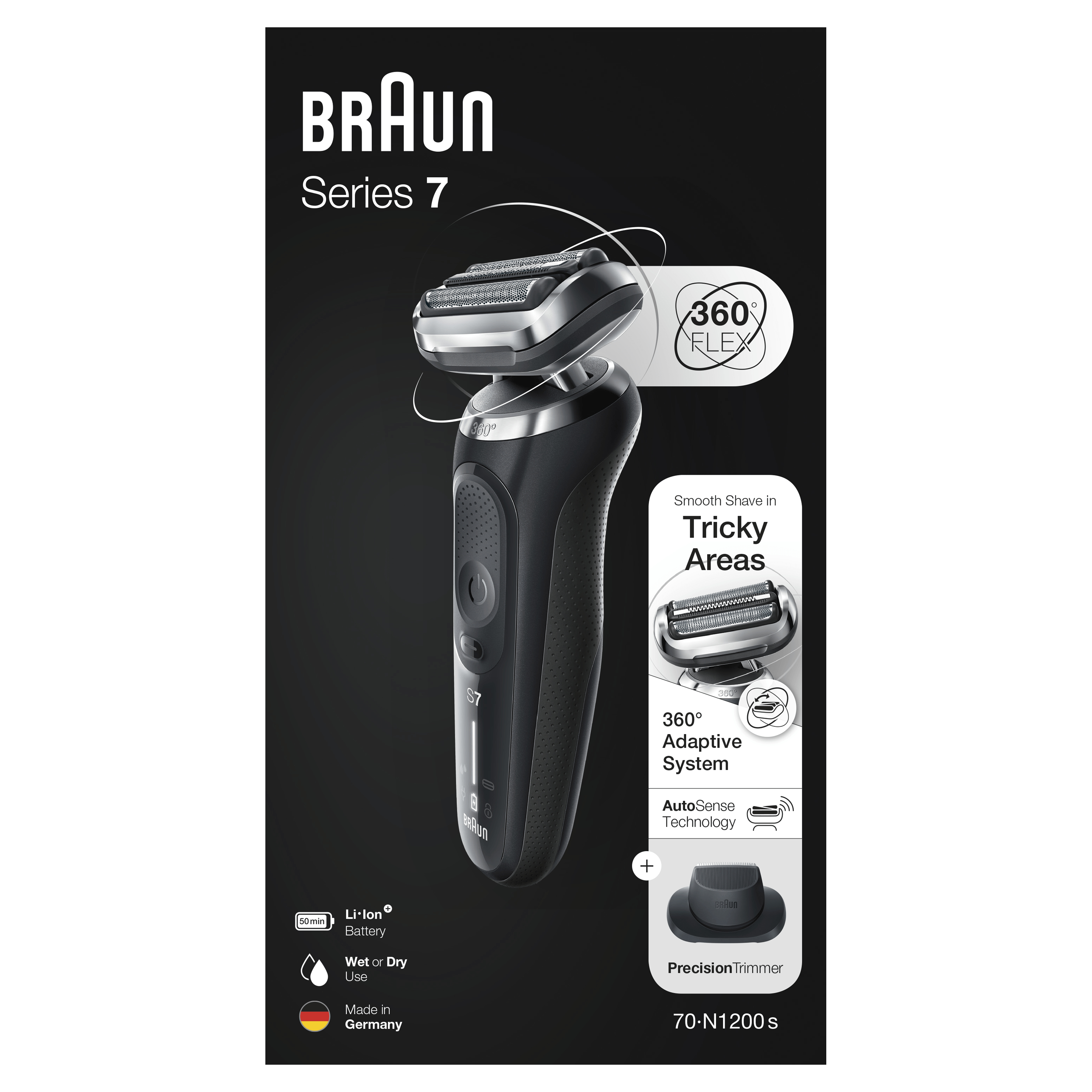 Siyah Braun Series 7 elektrikli tıraş makinesi, detaylarla. Siyah arka planda beyaz metin. Şemalar.