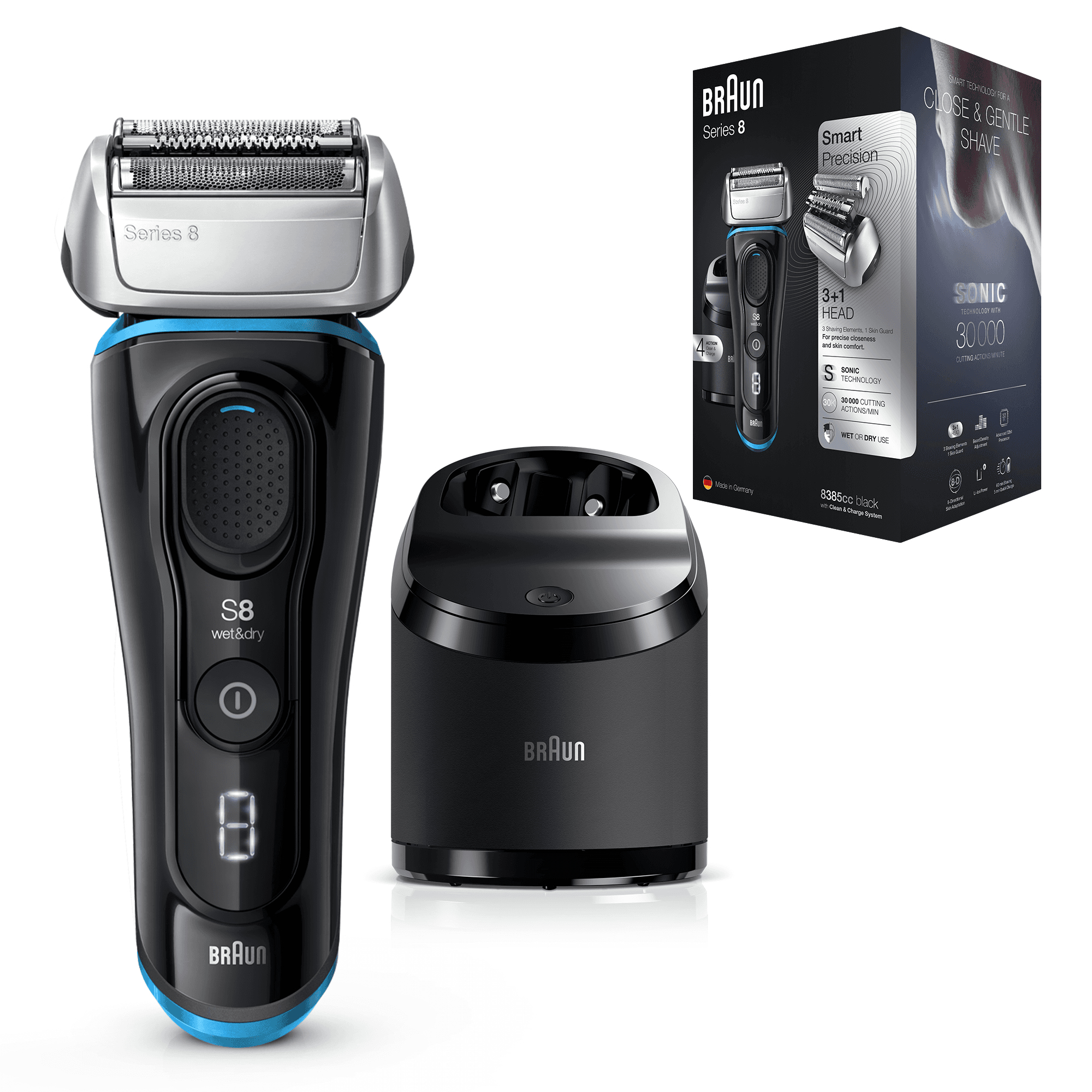 Rasoio elettrico Braun Series 8, stazione di ricarica e scatola su bianco.