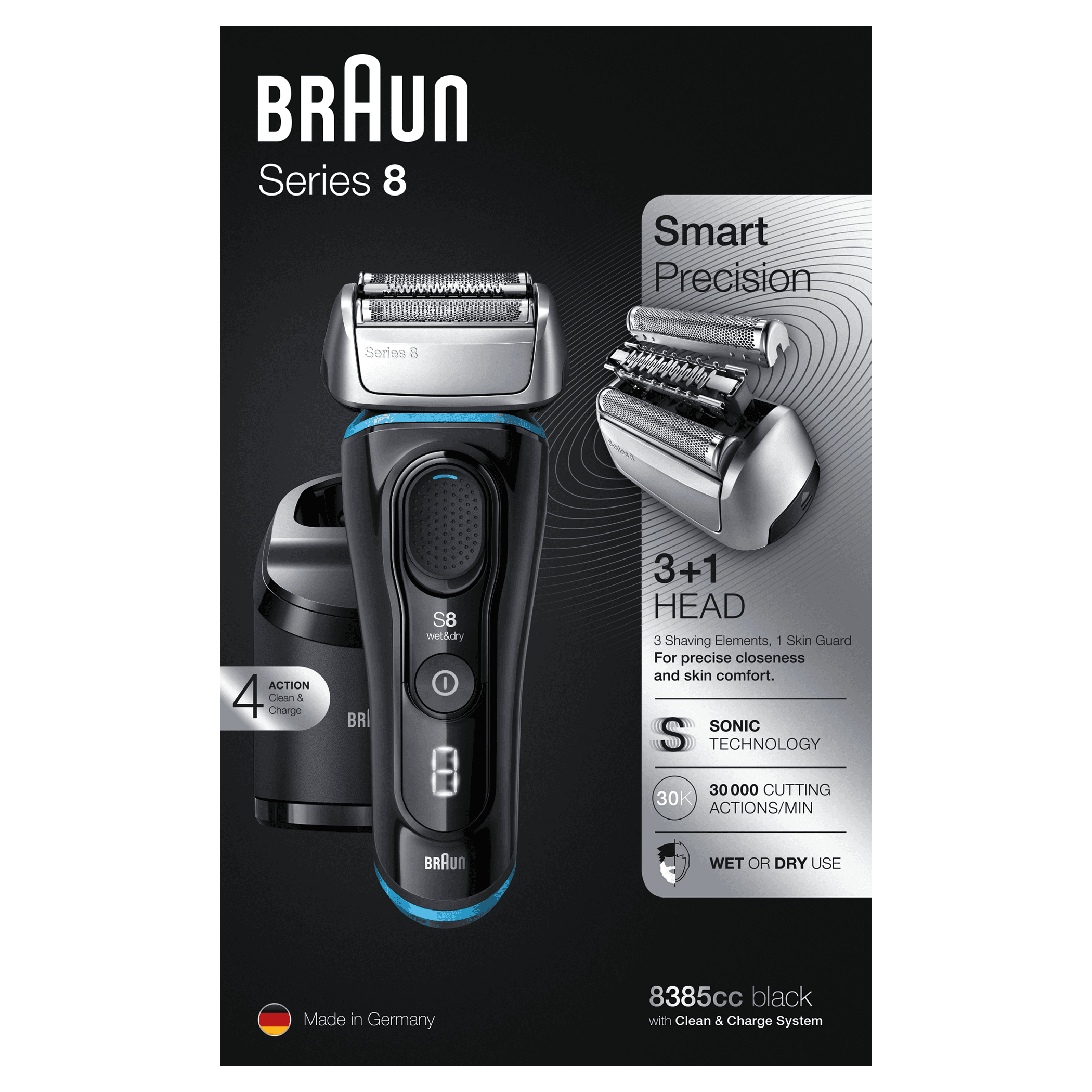 Rasoio elettrico Braun Series 8. Nero e argento, con testina 3+1 e base di ricarica.