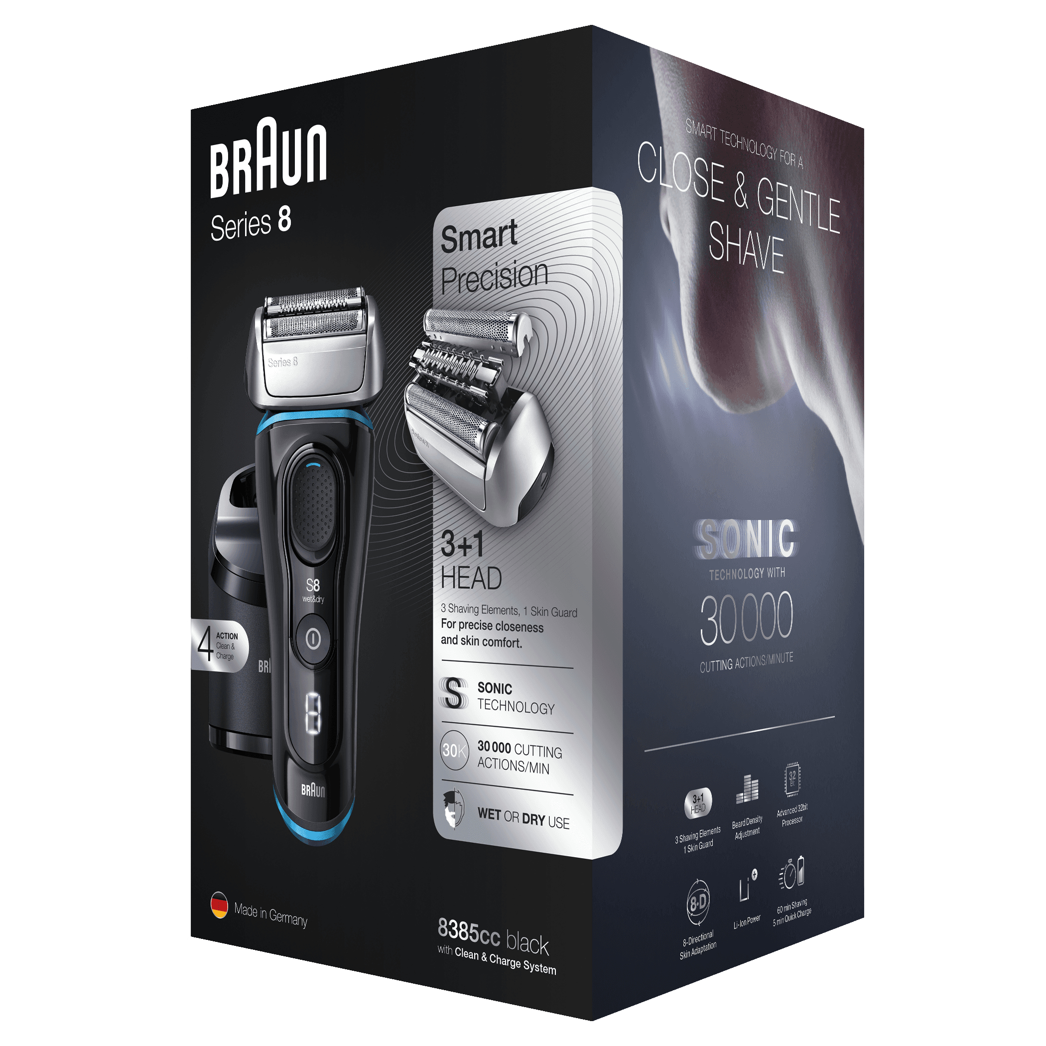 Rasoio elettrico Braun Series 8 nella sua scatola, che mostra il rasoio e i dettagli delle funzioni.