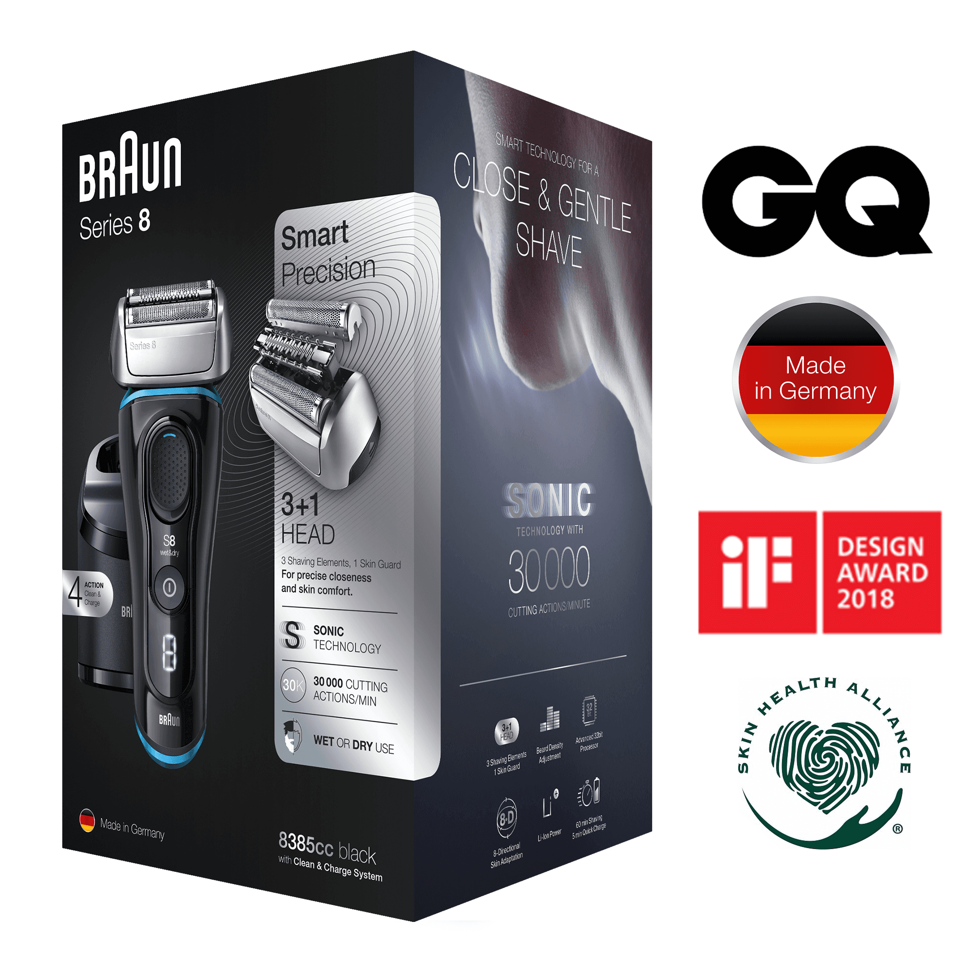 Confezione del rasoio Braun Series 8 con marchio e loghi.