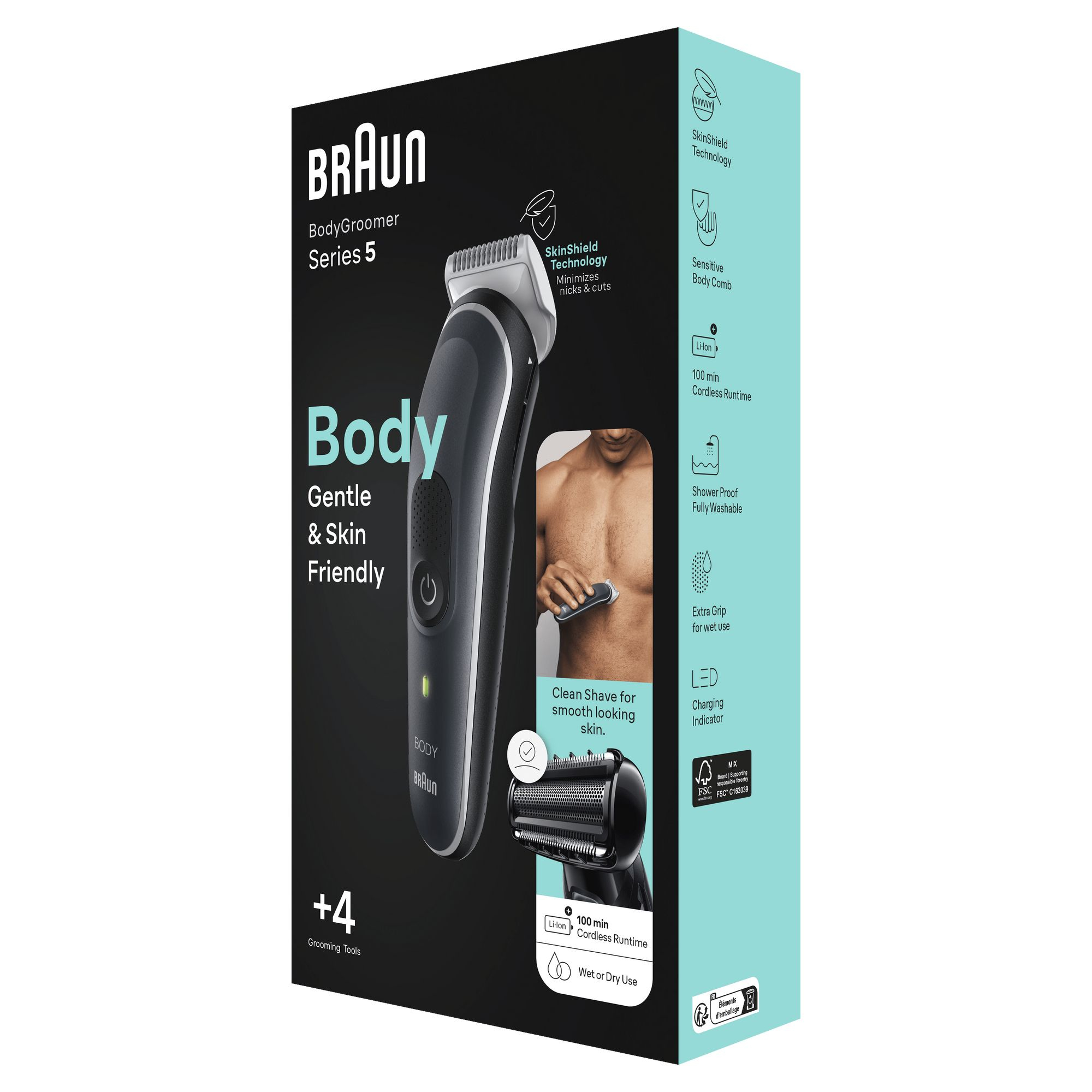 Una caja de Braun Series 5 BodyGroomer. La caja muestra el producto, sus características y una persona afeitándose.