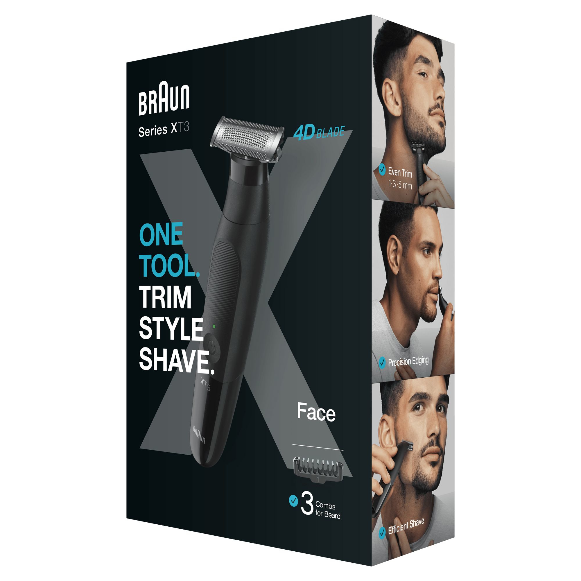 Braun Series XT3 Box mit Rasierer und Grafiken. Weißer Hintergrund.