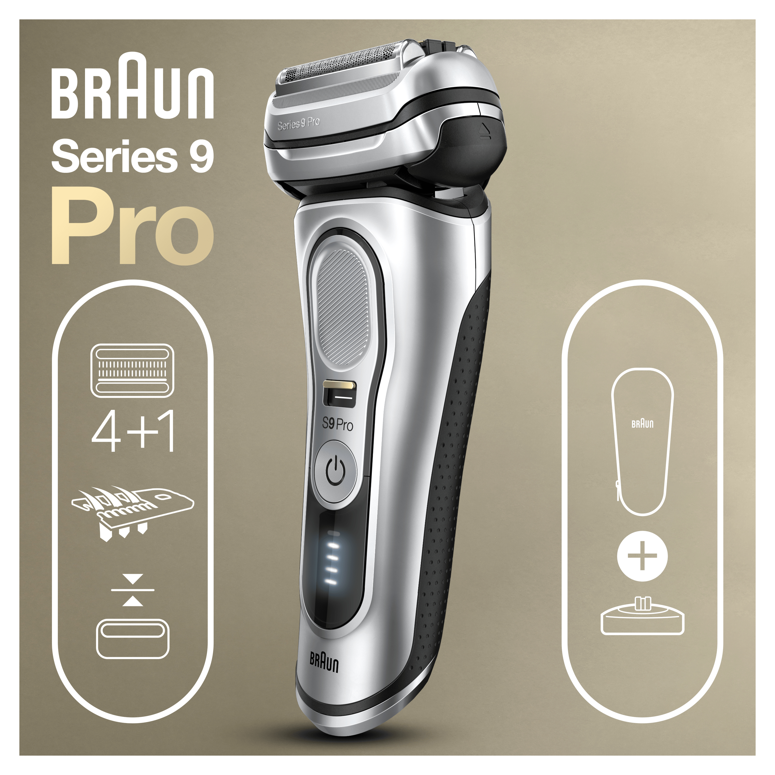 Braun Series 9 Pro tıraş makinesi, ekler ve şarj standı, bej bir arka plan üzerinde.