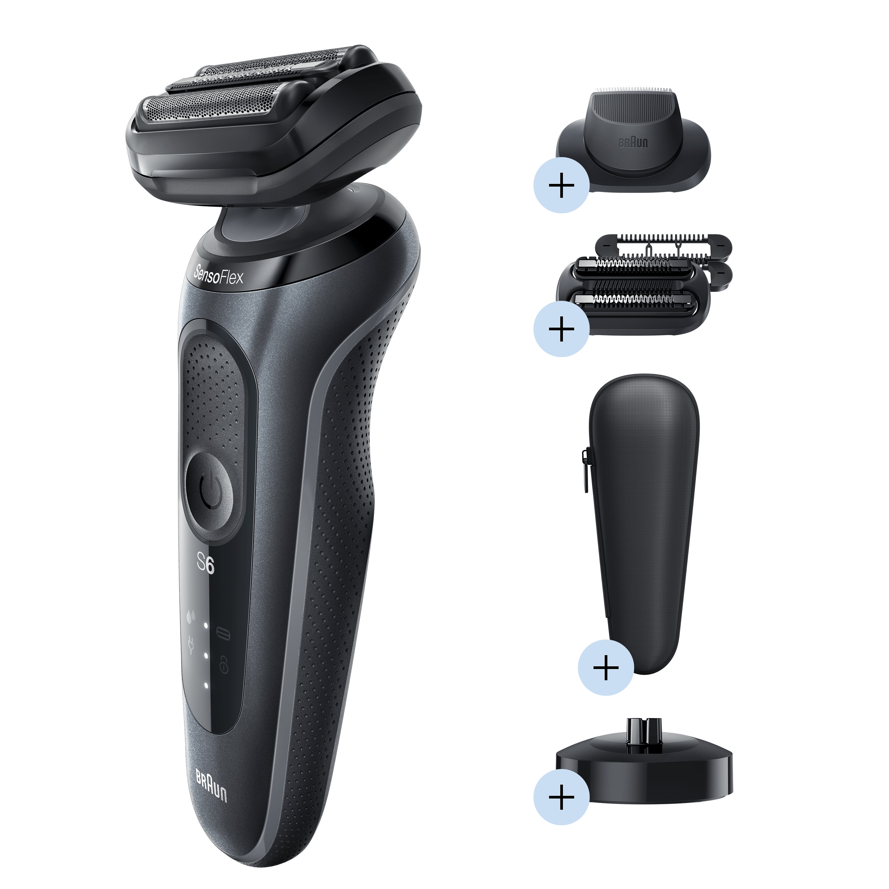 Black electric shaver with extra heads and a charging stand. Braun S6 model.