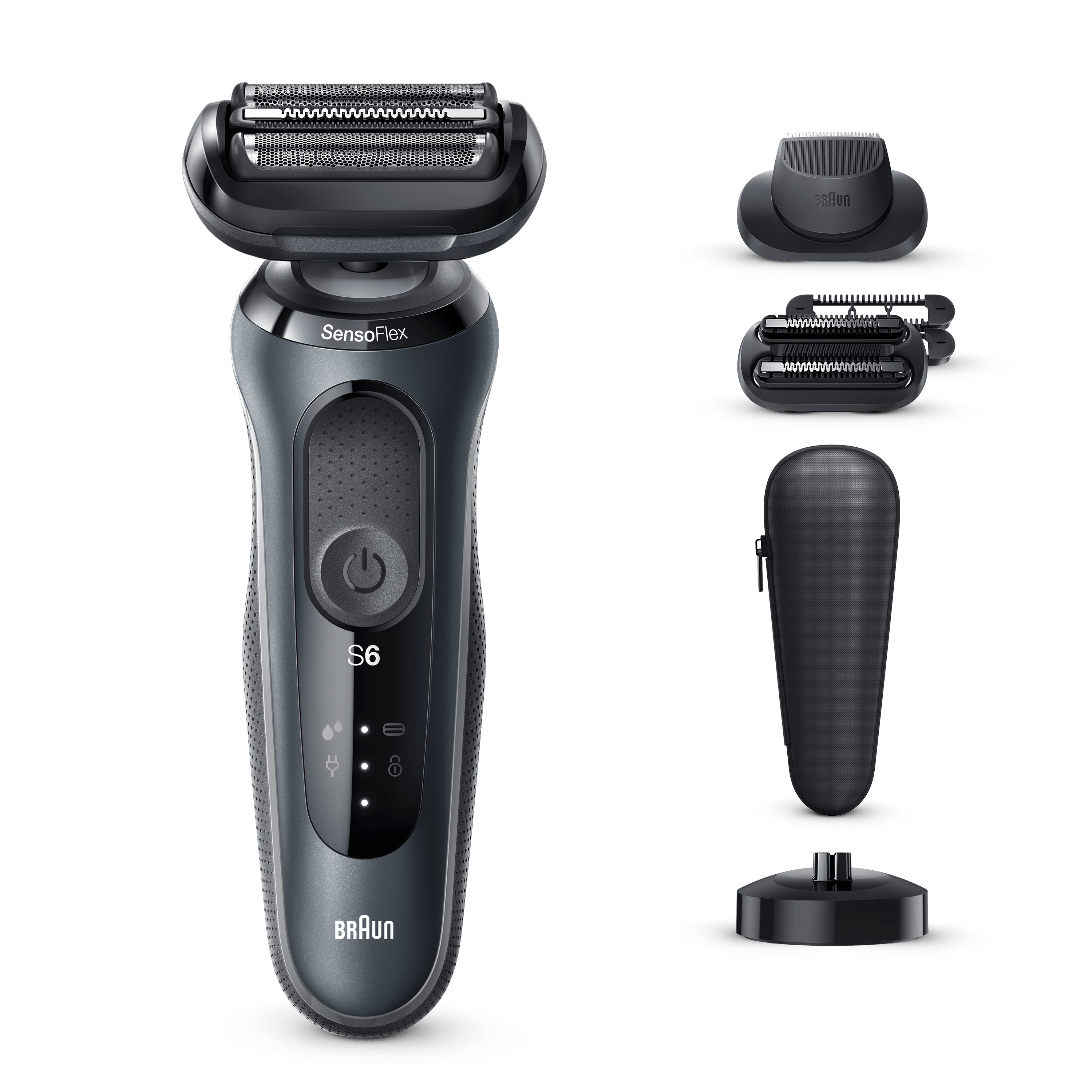 Braun S6 electric shaver with accessories: case, cleaning station, and additional blades.