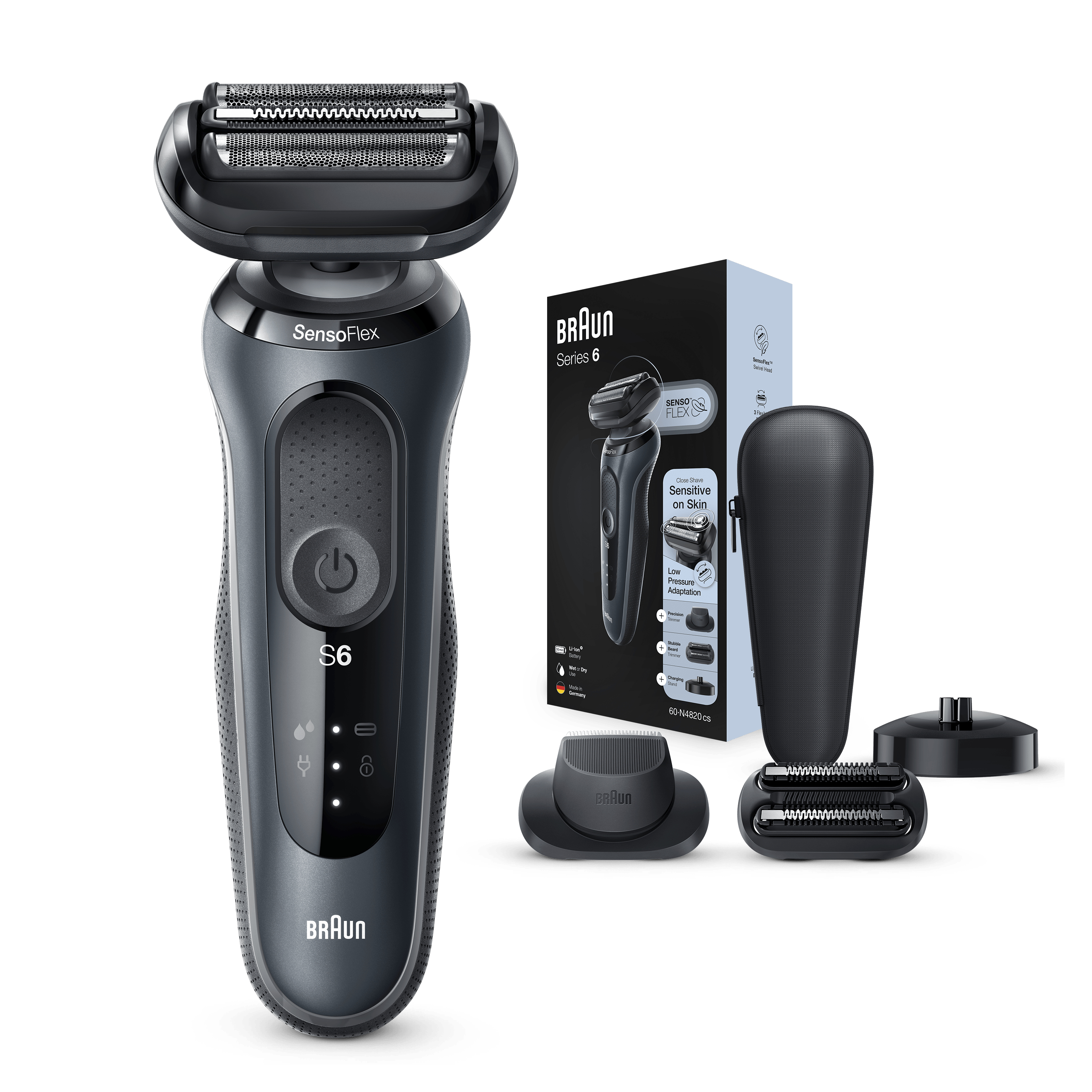 Braun Series 6 electric shaver, black and gray, with accessories and box.