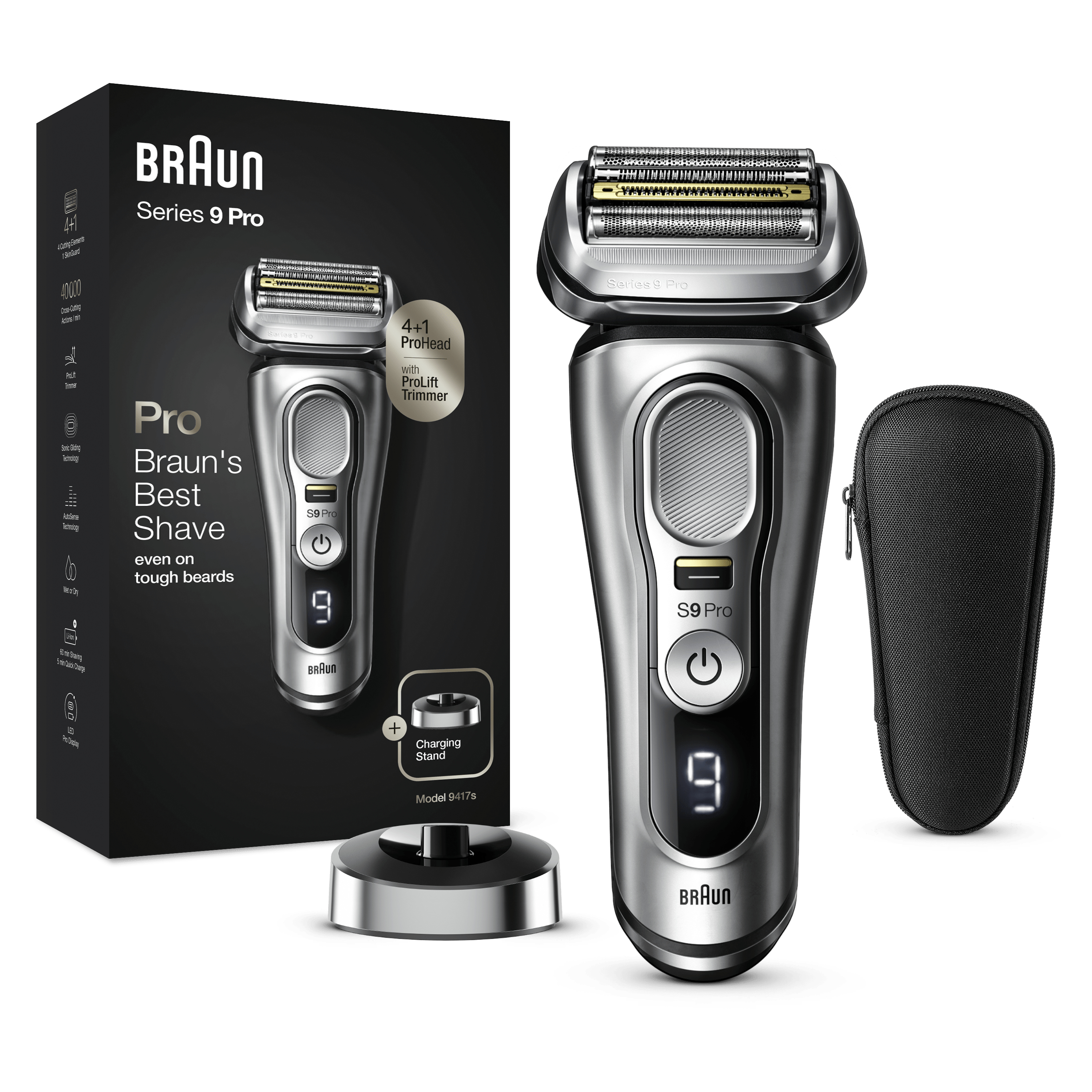 Braun Series 9 Pro tıraş makinesi, kutu, şarj cihazı ve seyahat çantası ile beyaz bir arka plan üzerinde sergileniyor.