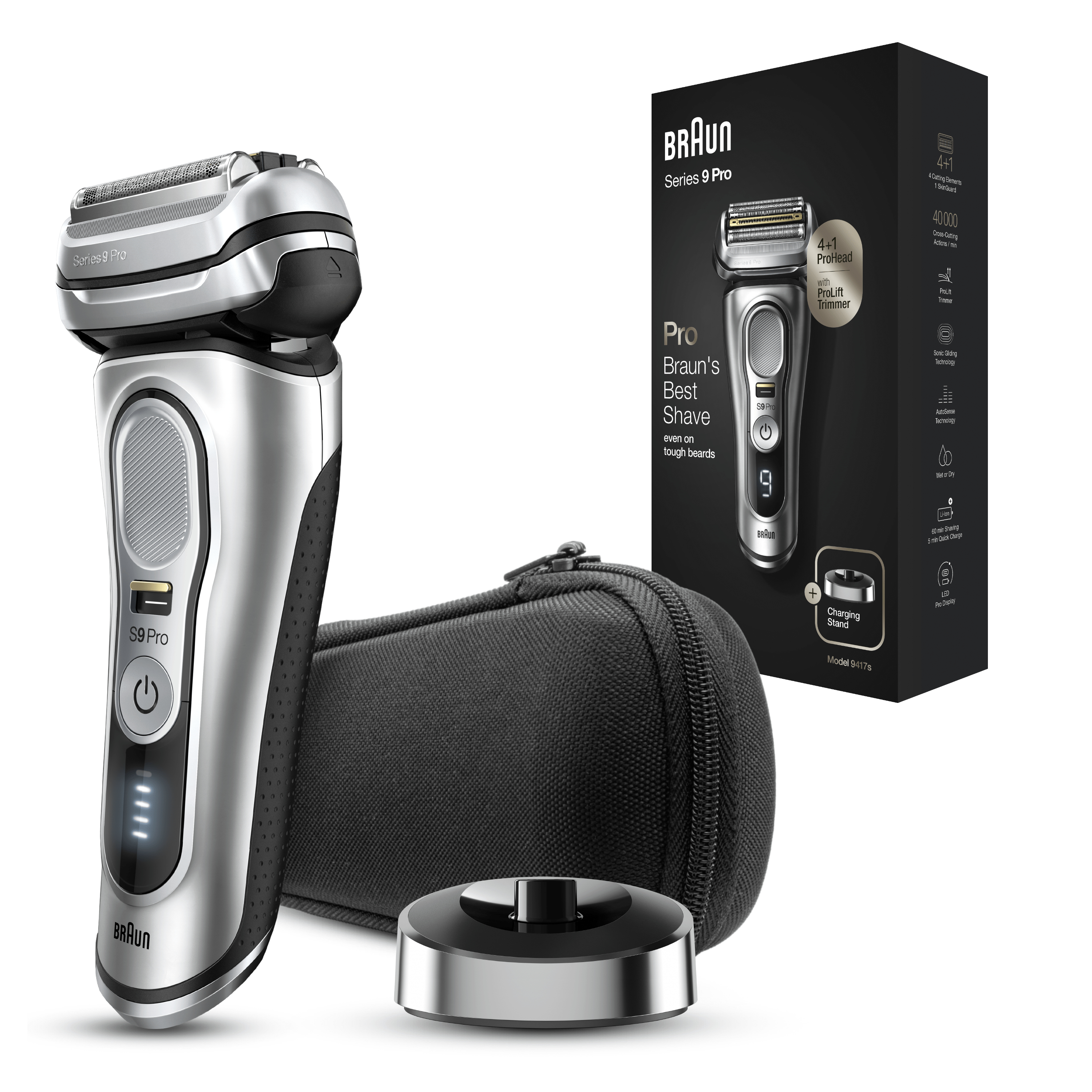 Gümüş ve siyah Braun Series 9 Pro tıraş makinesi. Siyah kılıf ve şarj standı da gösteriliyor.