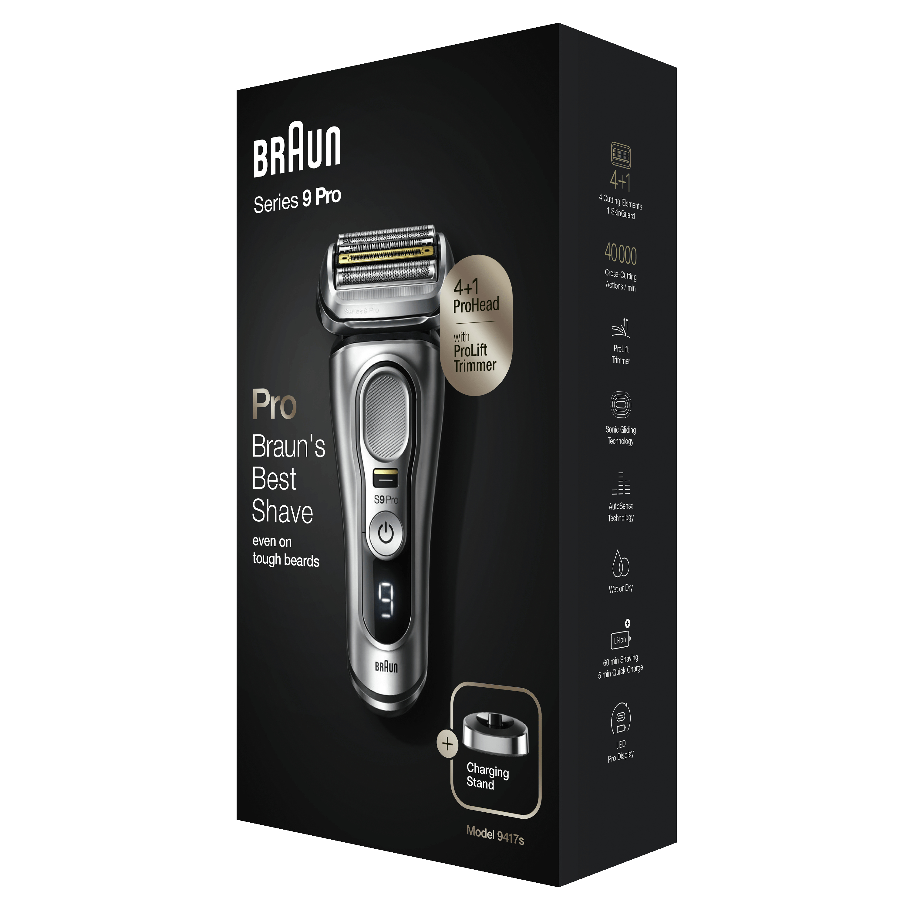 Braun Series 9 Pro tıraş makinesi kutusu, ürün özellikleri hakkında resimler ve metinlerle. Siyah zemin.