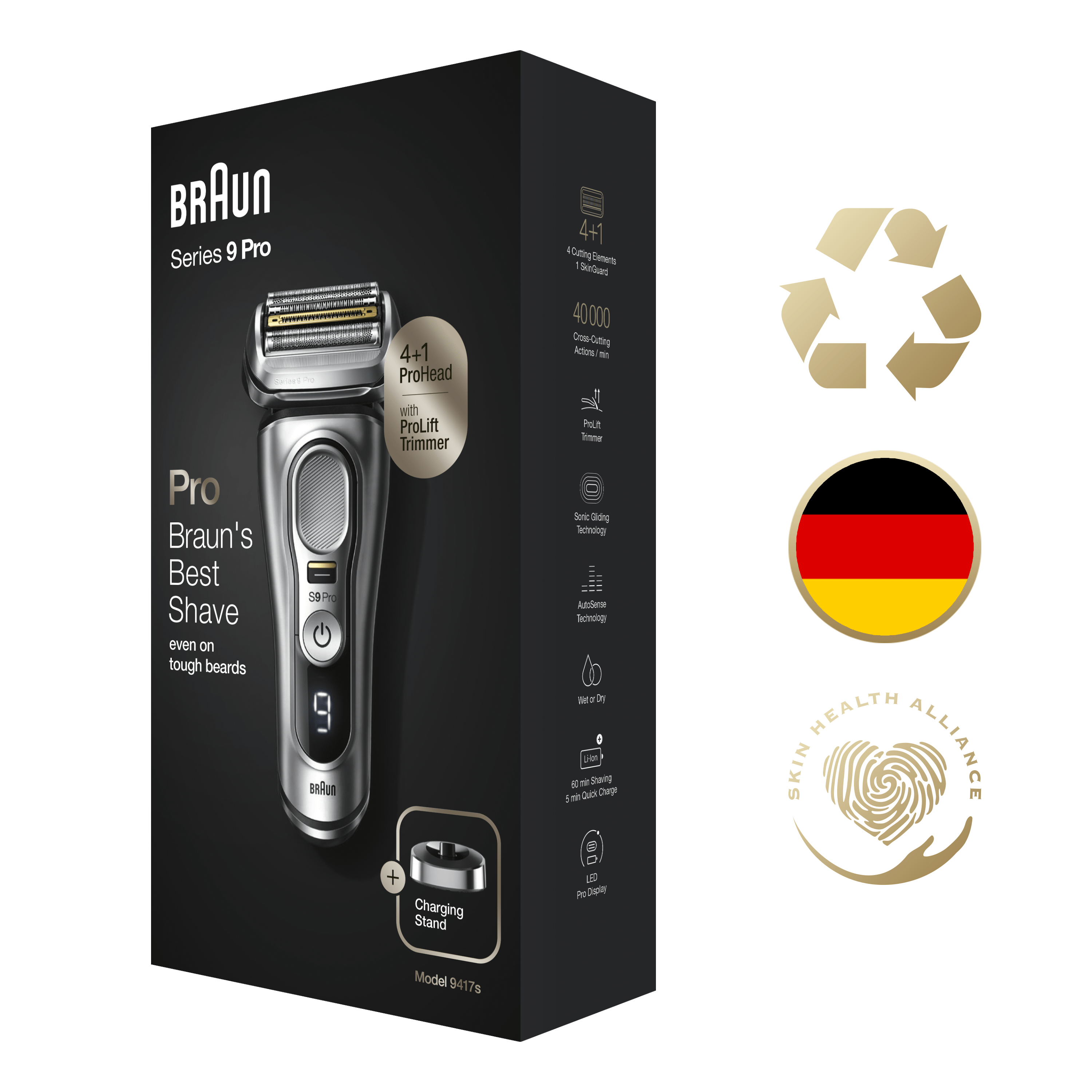Braun Series 9 Pro tıraş makinesi kutusu. Kutu, tıraş makinesini ve özelliklerini gösterir.