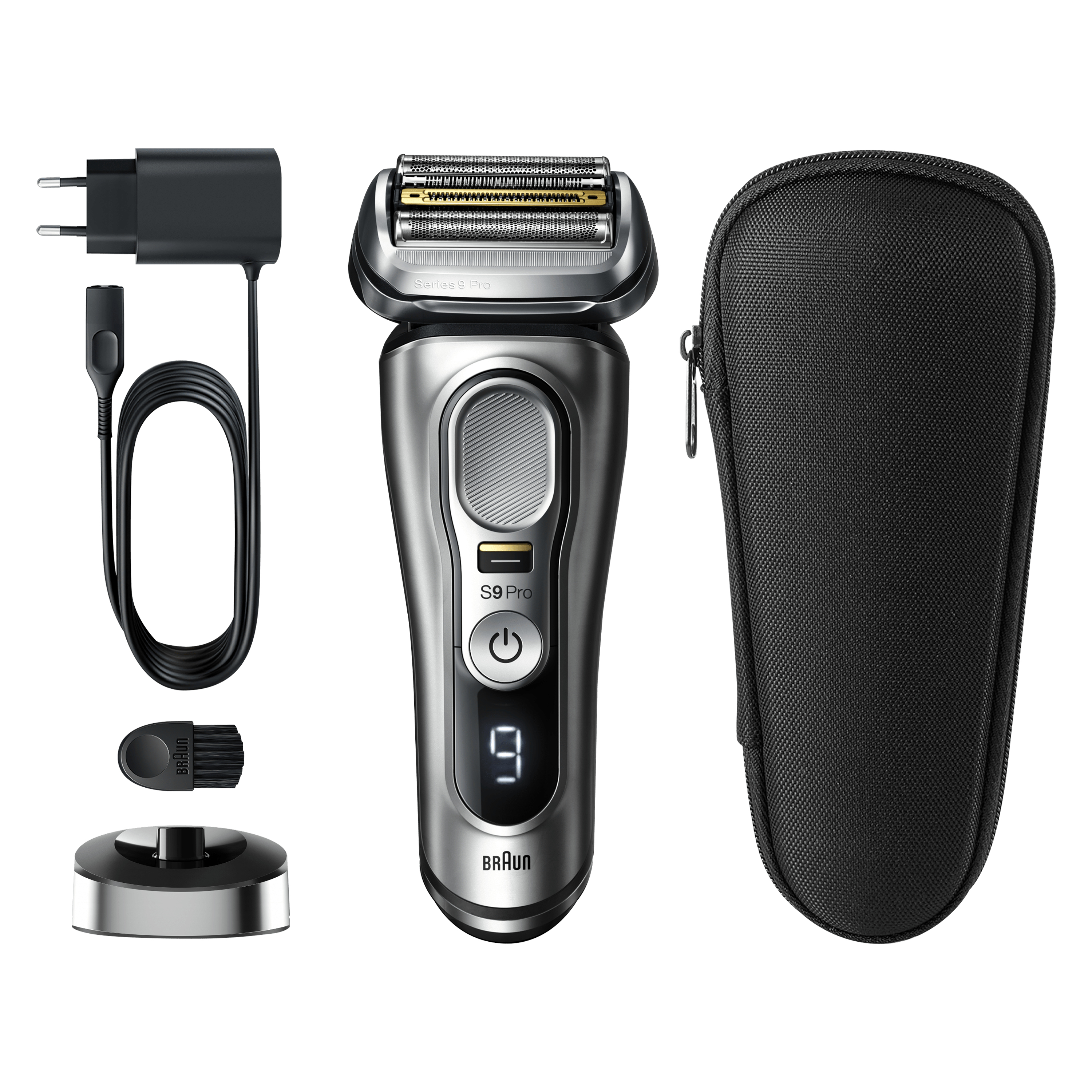 Braun Series 9 Pro elektrikli tıraş makinesi, ek parçalar ve bir kılıf ile. Gümüş ve siyah, dijital bir ekranla.
