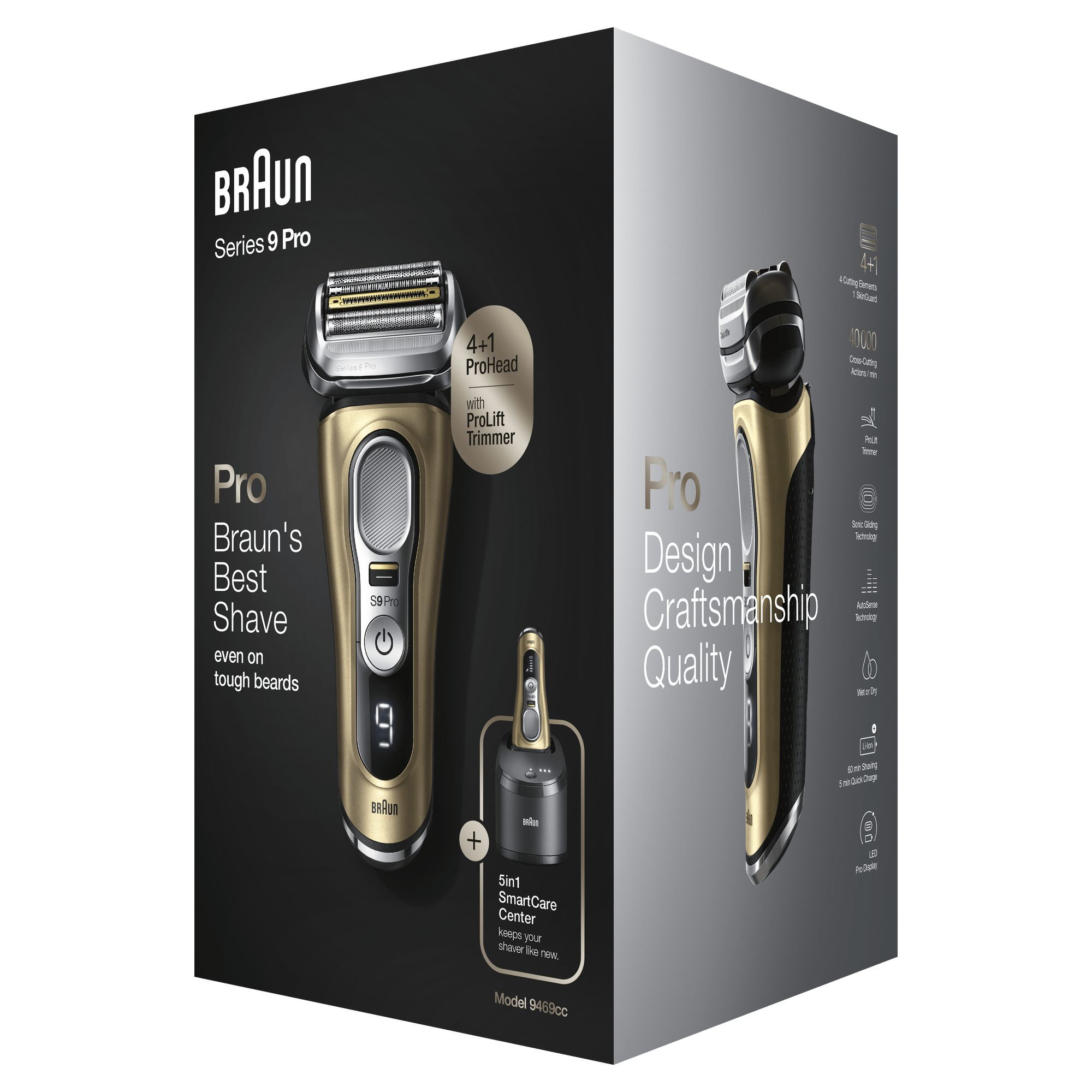 Afeitadora Braun Series 9 Pro en caja. Características: ProHead, ProLift Trimmer y SmartCare Center 5 en 1.