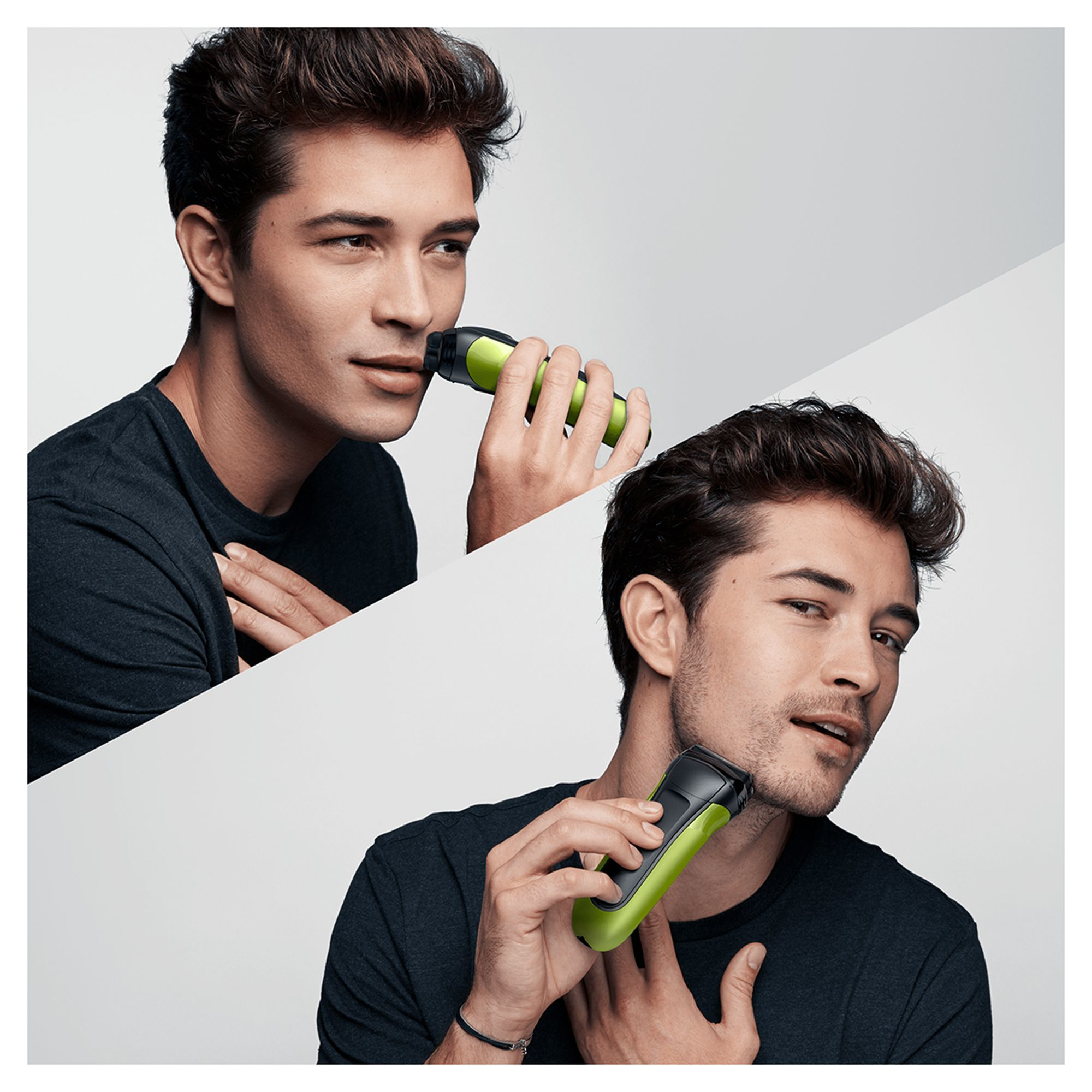 Yeşil ve siyah bir Braun tıraş makinesi kullanan adam. Bir resimde burun düzeltici, diğerinde tıraş makinesi gösteriliyor.