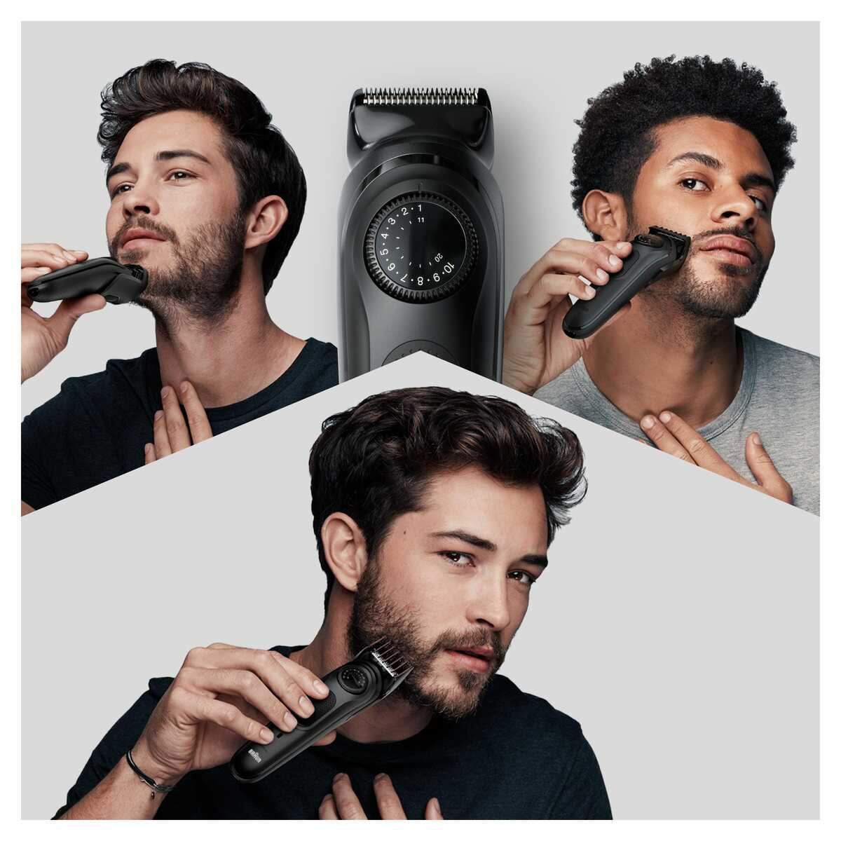 Hombres usando una recortadora de barba negra. Uno recorta su barba, otros su bigote.