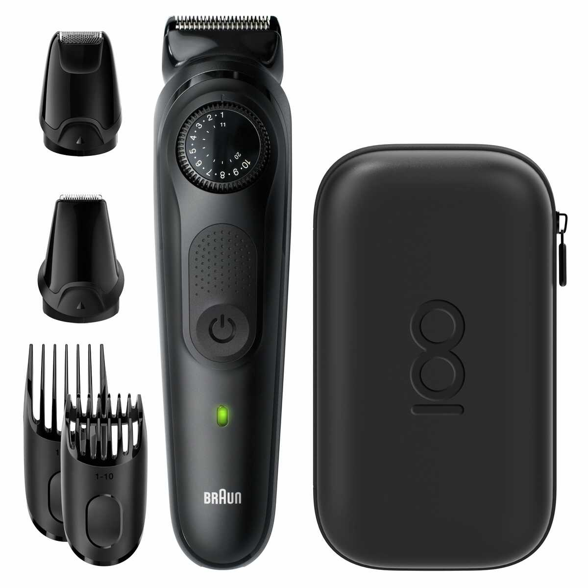Recortadora de barba Braun negra y accesorios sobre una superficie blanca.