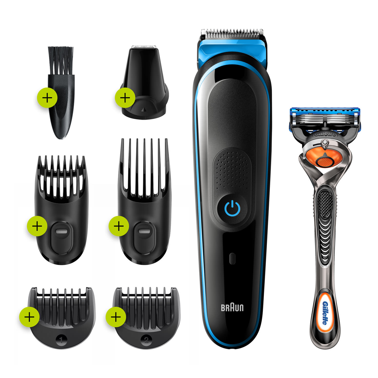 Een verzorgingsset: trimmer, diverse kamopzetstukken en een Gillette scheermes, gerangschikt op een wit oppervlak.