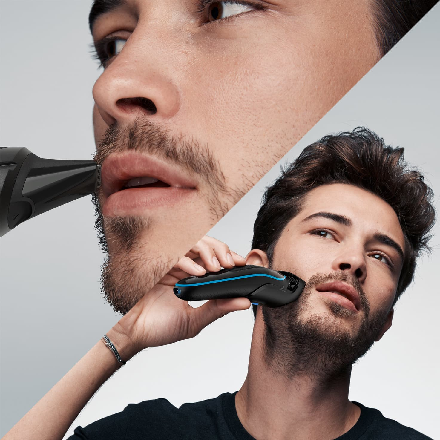 Close-up van een man die zijn baard scheert met een zwarte Braun trimmer.