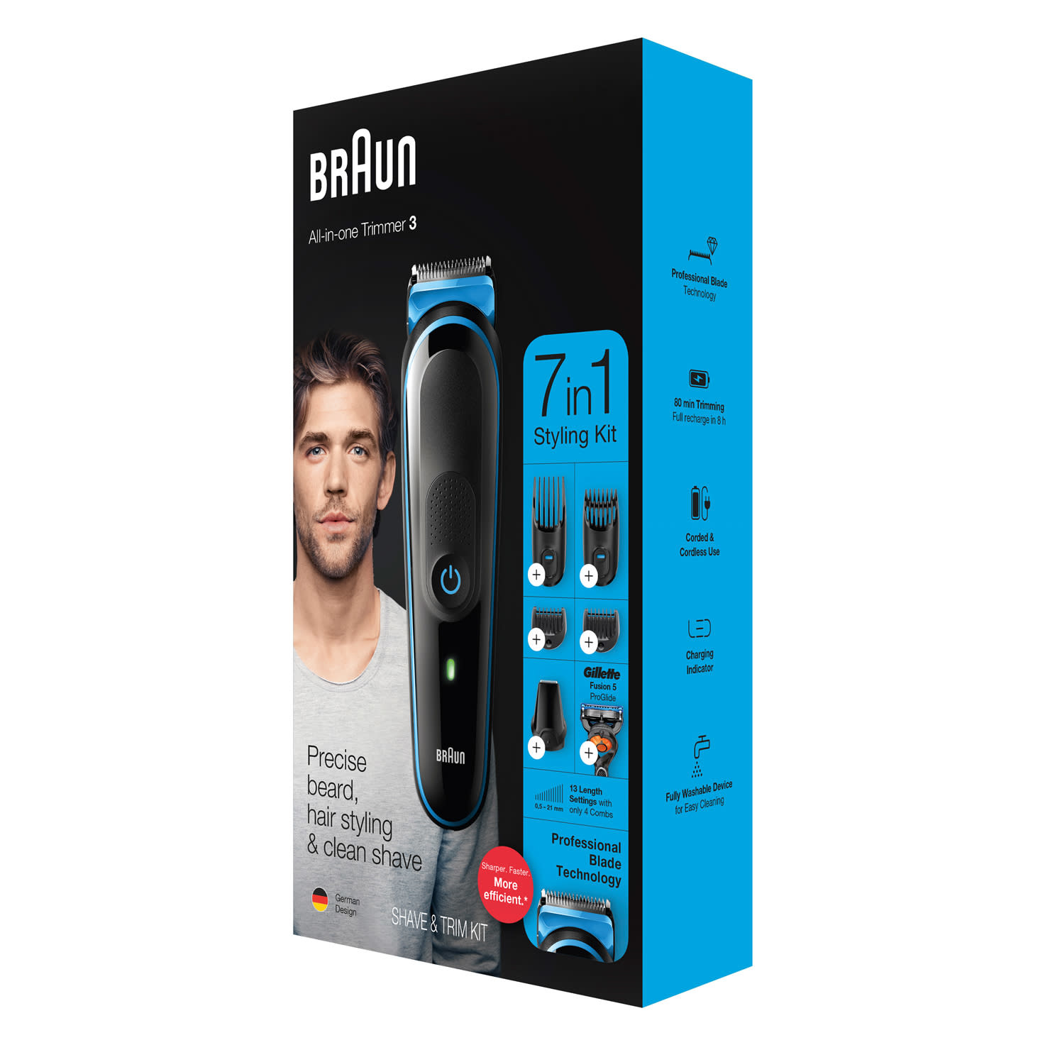 Braun All-in-one trimmer doos. De trimmer is zwart en blauw, met accessoires.