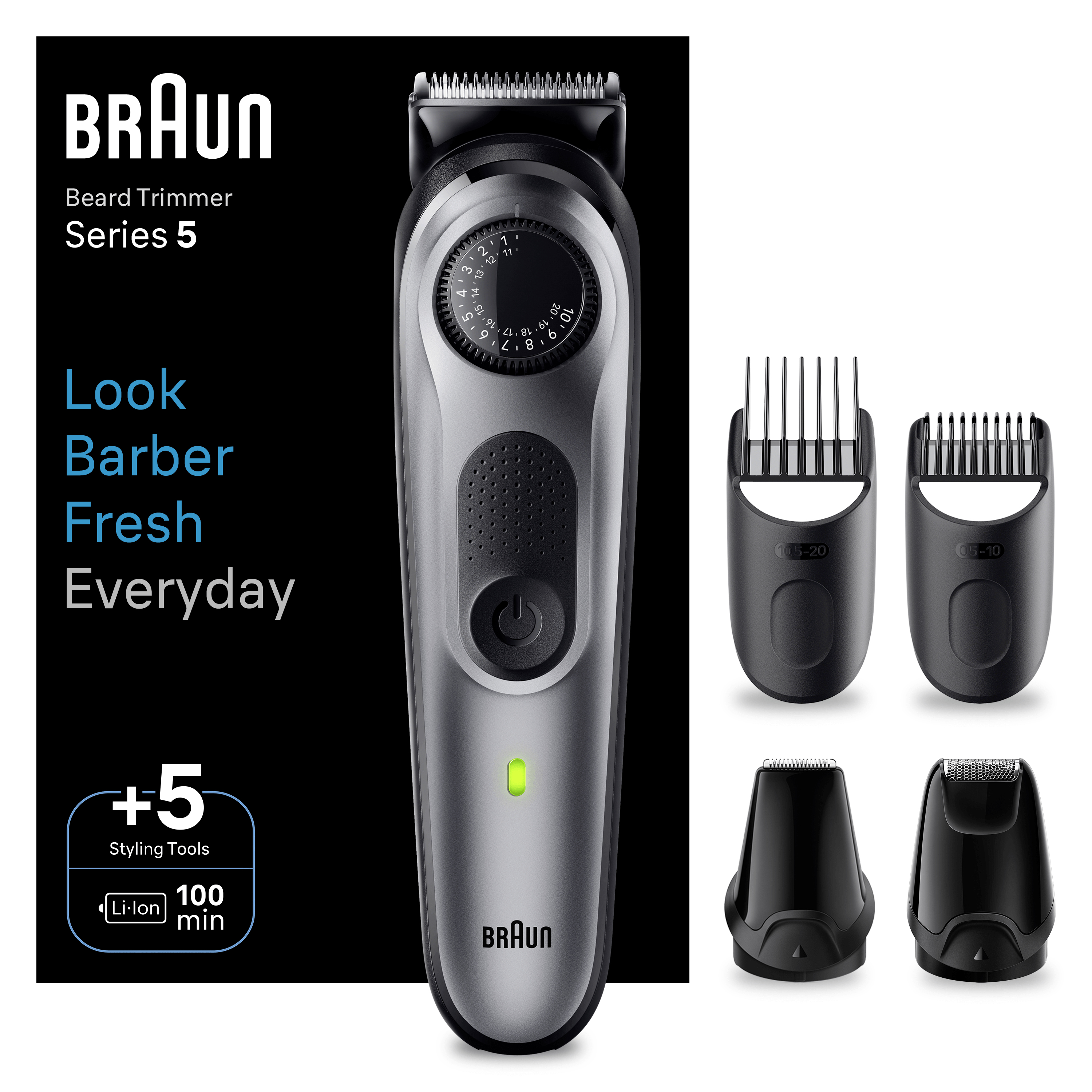 Tagliabarba Braun, Serie 5, con strumenti per lo styling. Testo: Look Barber Fresh Everyday.
