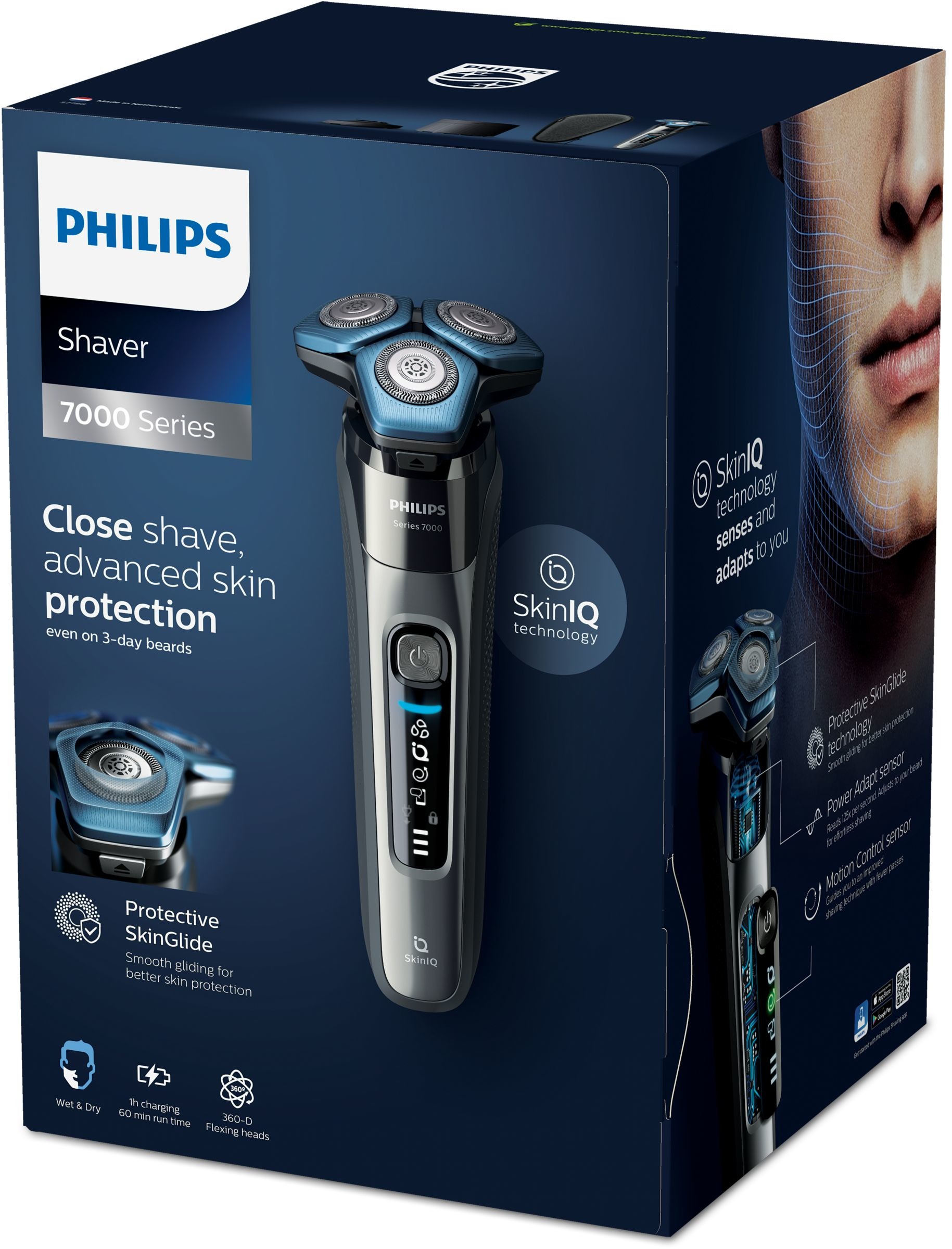Scatola Philips Shaver serie 7000. Mostra rasoio con tecnologia SkinIQ e caratteristiche.