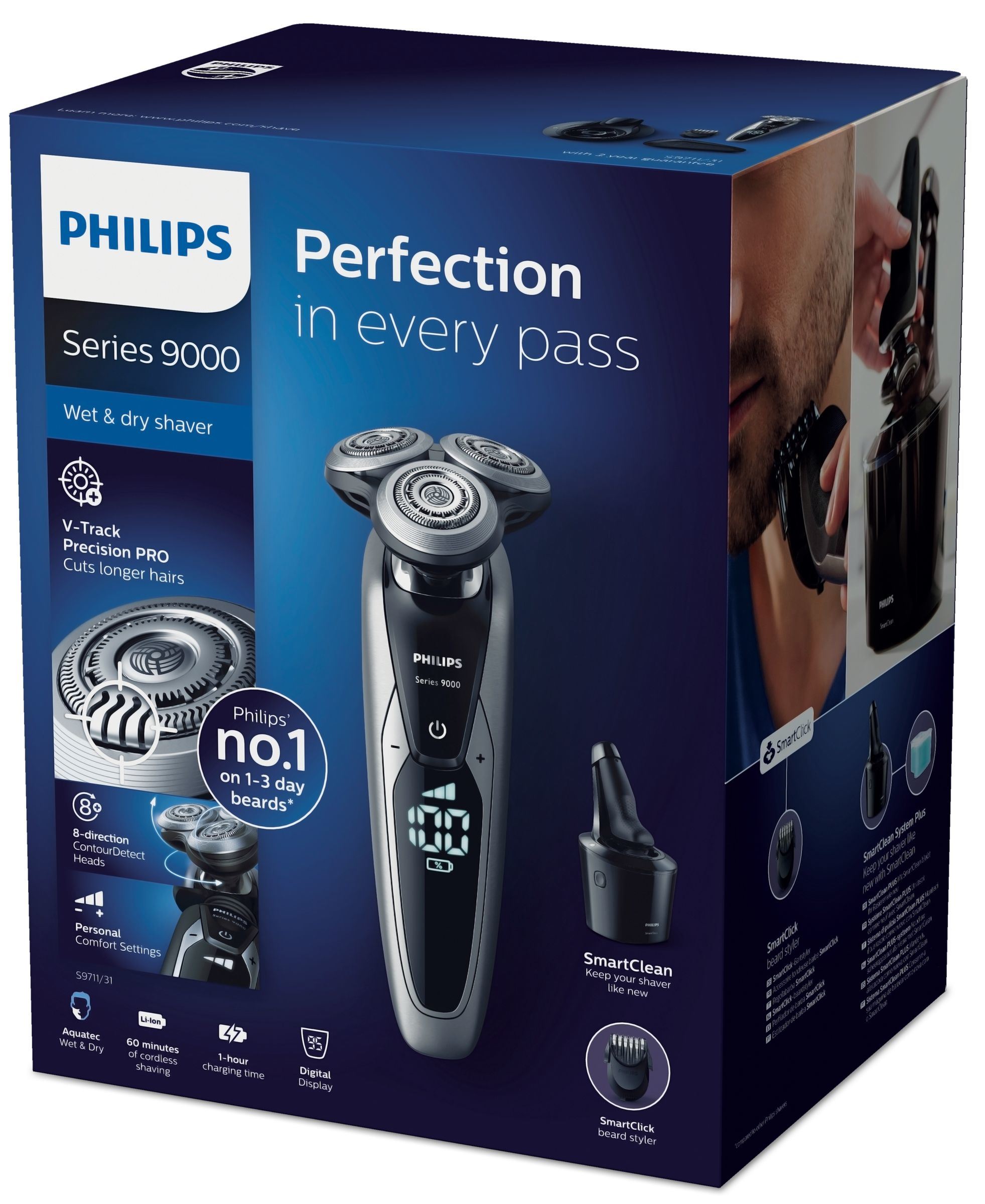 Philips Series 9000 tıraş makinesi kutusu. Görüntü tıraş makinesi, sakal düzeltici ve ekranı gösteriyor. Metin: Her geçişte mükemmellik.