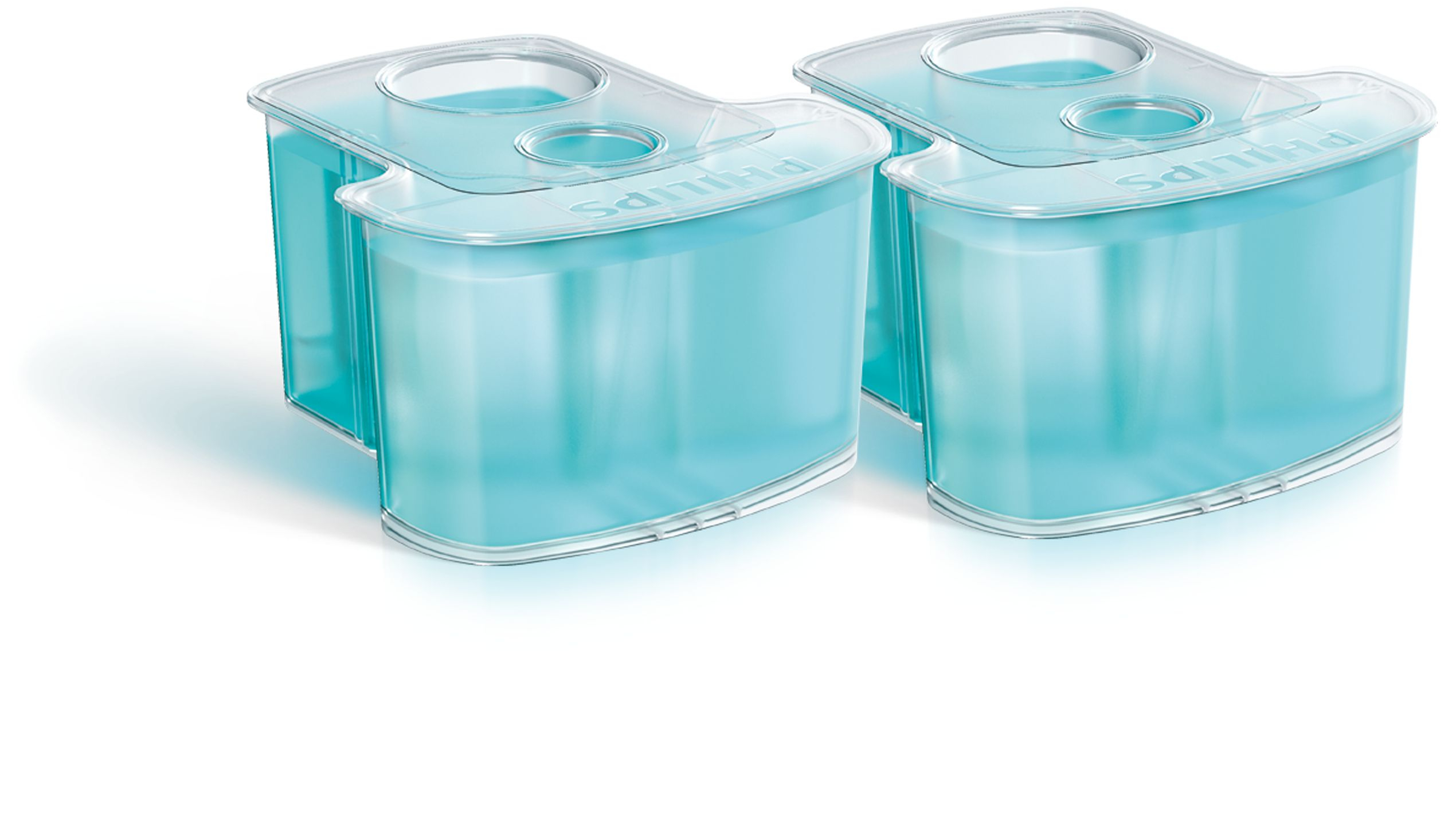 Dos cartuchos de limpieza Philips azules transparentes sobre una superficie blanca. Contenedores azules transparentes.