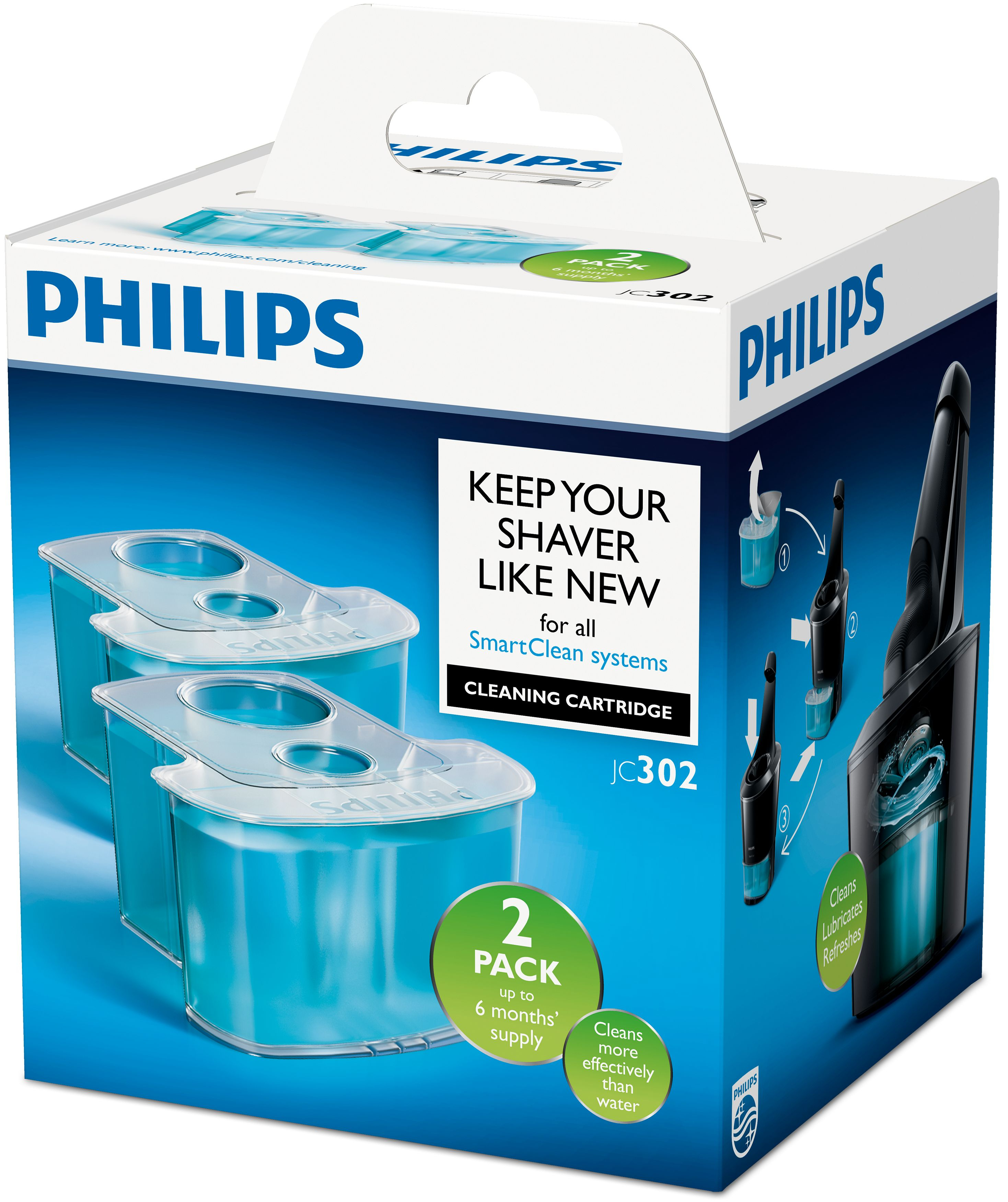 Caja de cartuchos de limpieza Philips. Se muestran dos cartuchos dentro. La caja dice 'Mantén tu afeitadora como nueva'.
