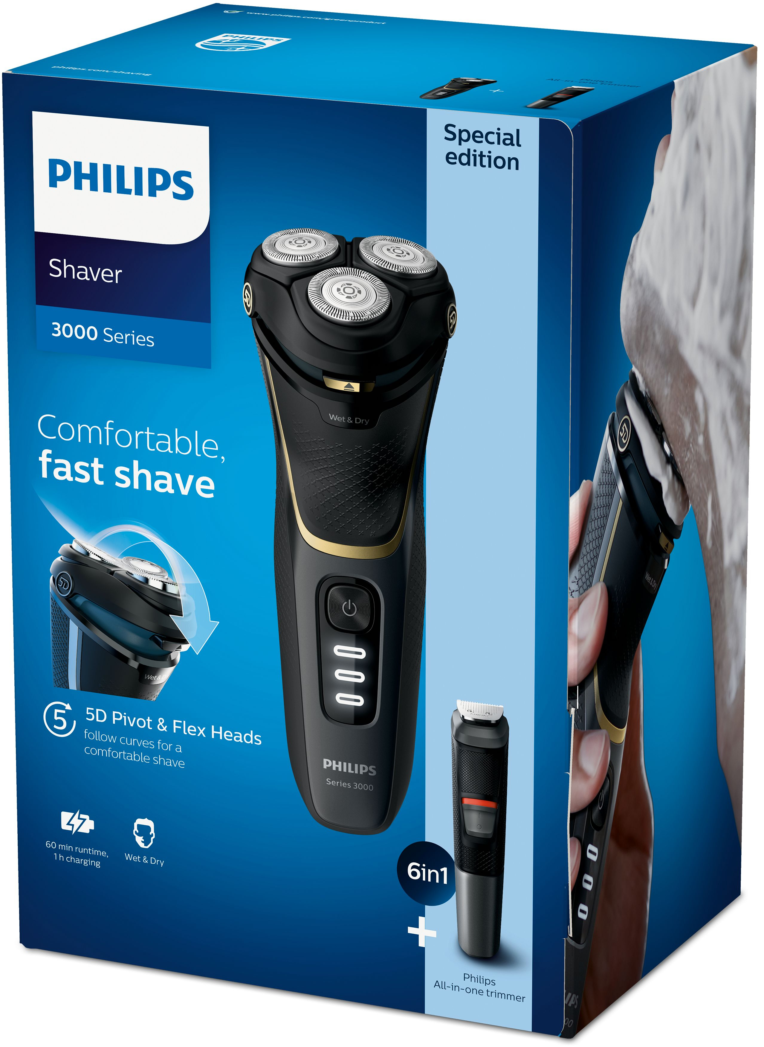 Philips shaver box with a shaver and a trimmer, special edition branding.