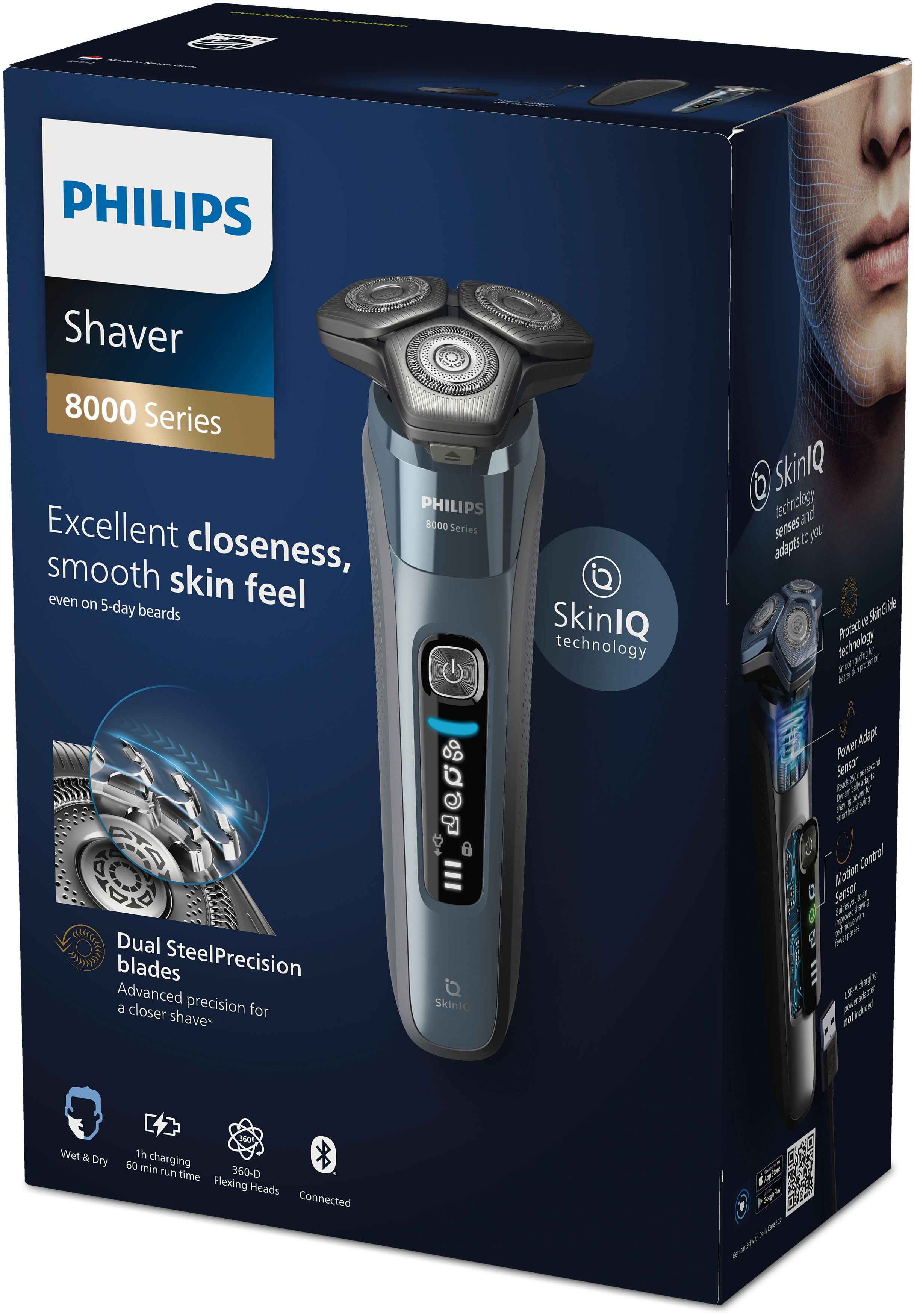 Scatola del rasoio Philips 8000 Series. Mostra il rasoio, le caratteristiche e i diagrammi SkinIQ.