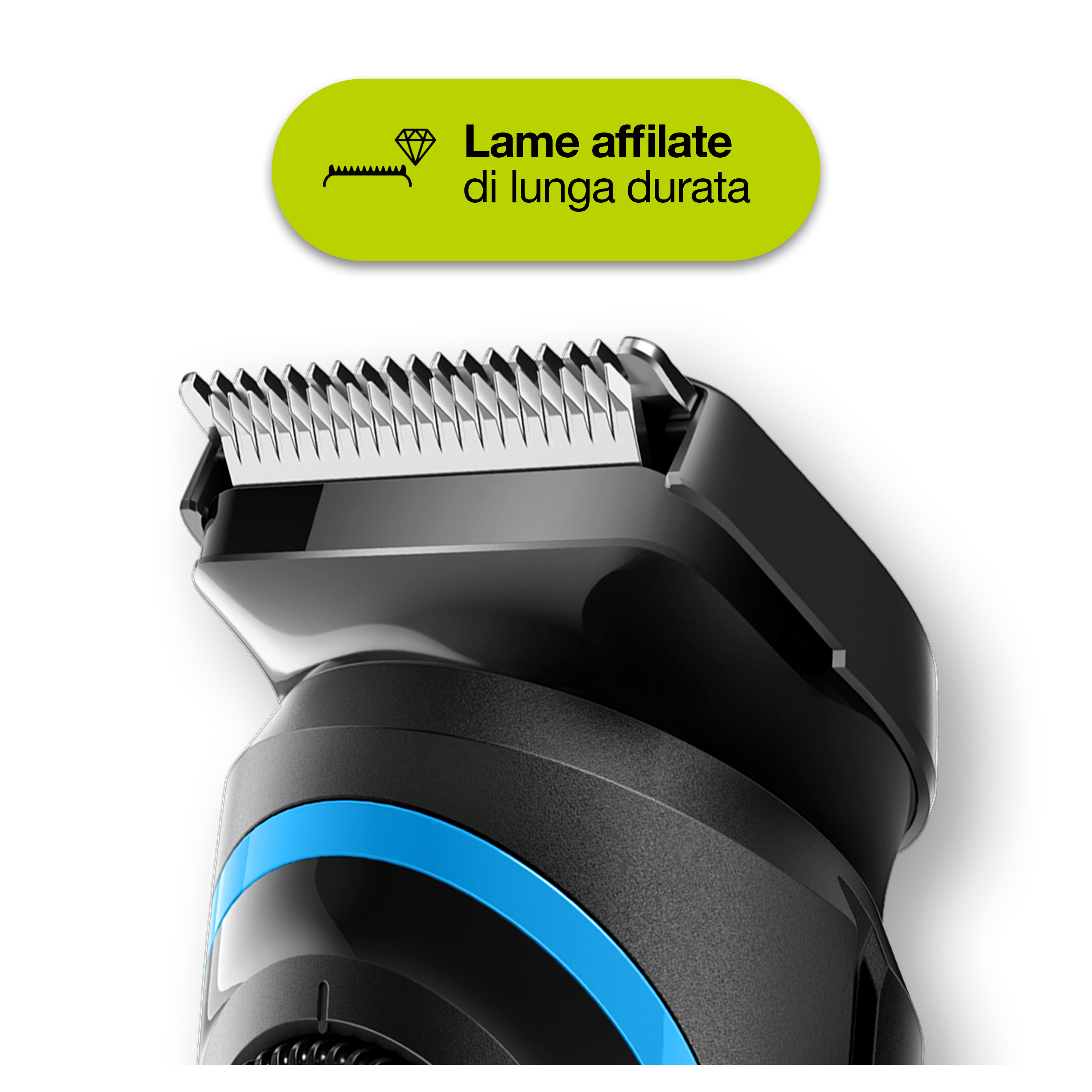 Primo piano delle lame di un rasoio elettrico nero e blu. Il testo dice 'Lame affilate di lunga durata'.