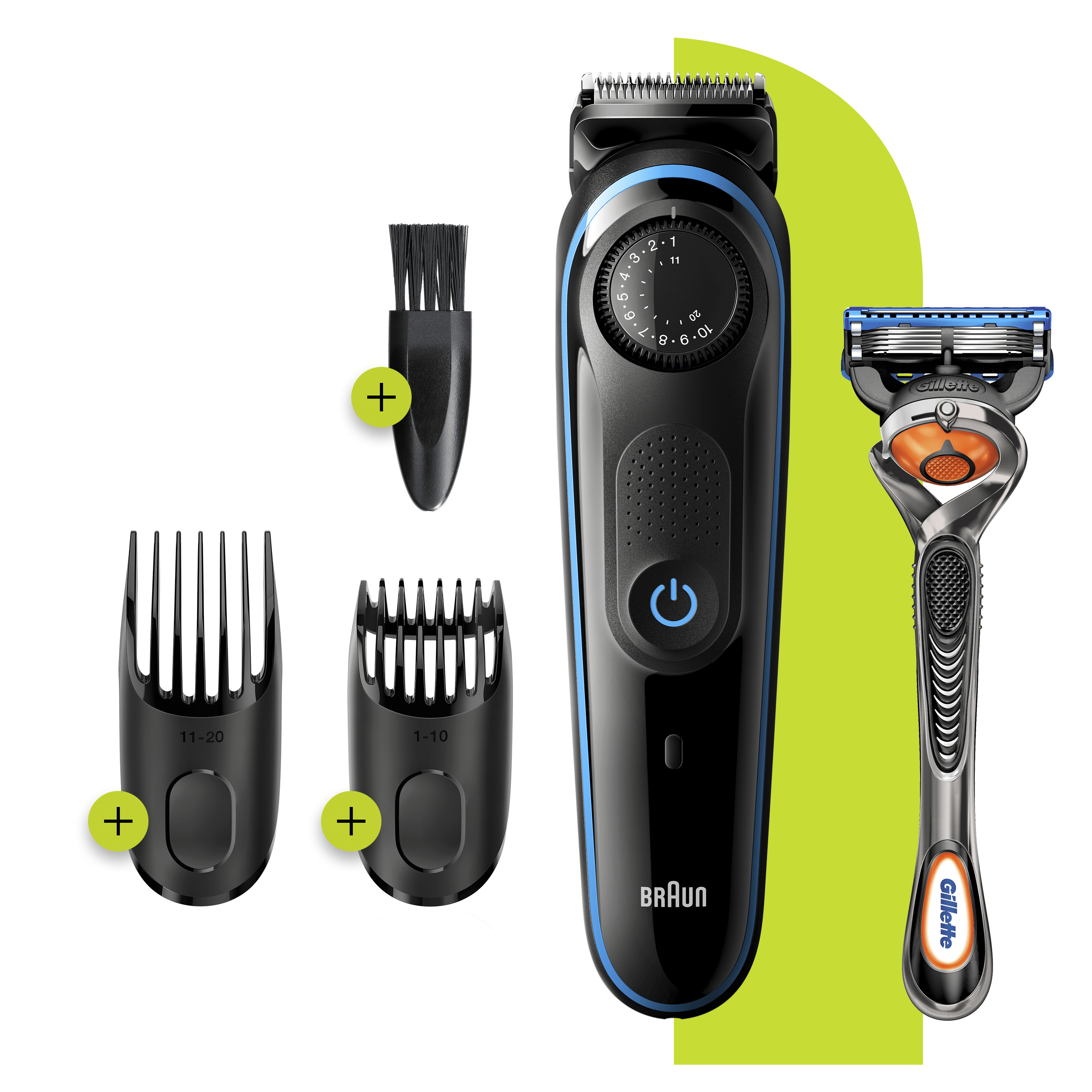 Trimmer nero e blu con accessori su sfondo verde e rasoio a destra.