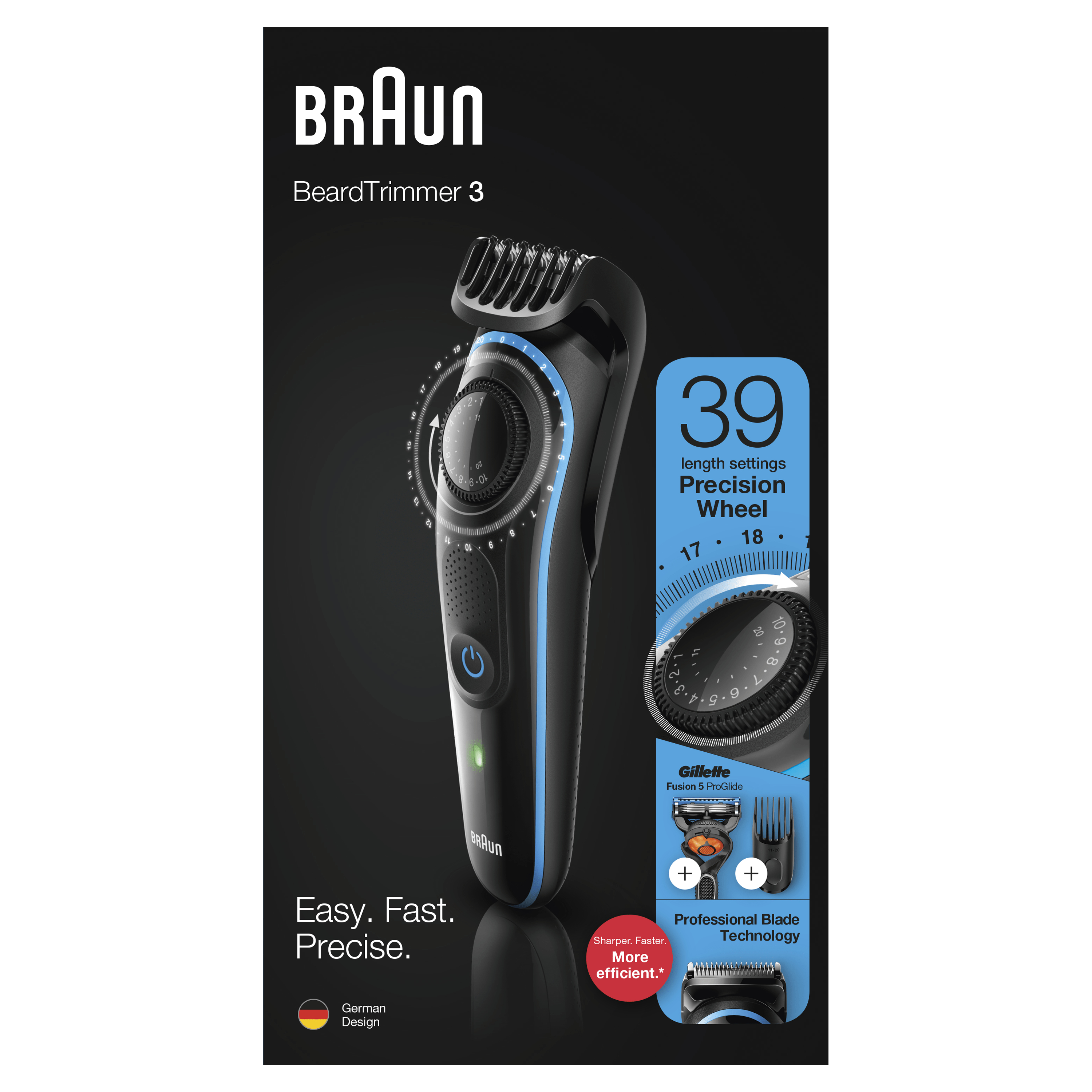 Un Braun BeardTrimmer 3 con rotella di precisione per 39 impostazioni di lunghezza, schema di colori nero e blu.