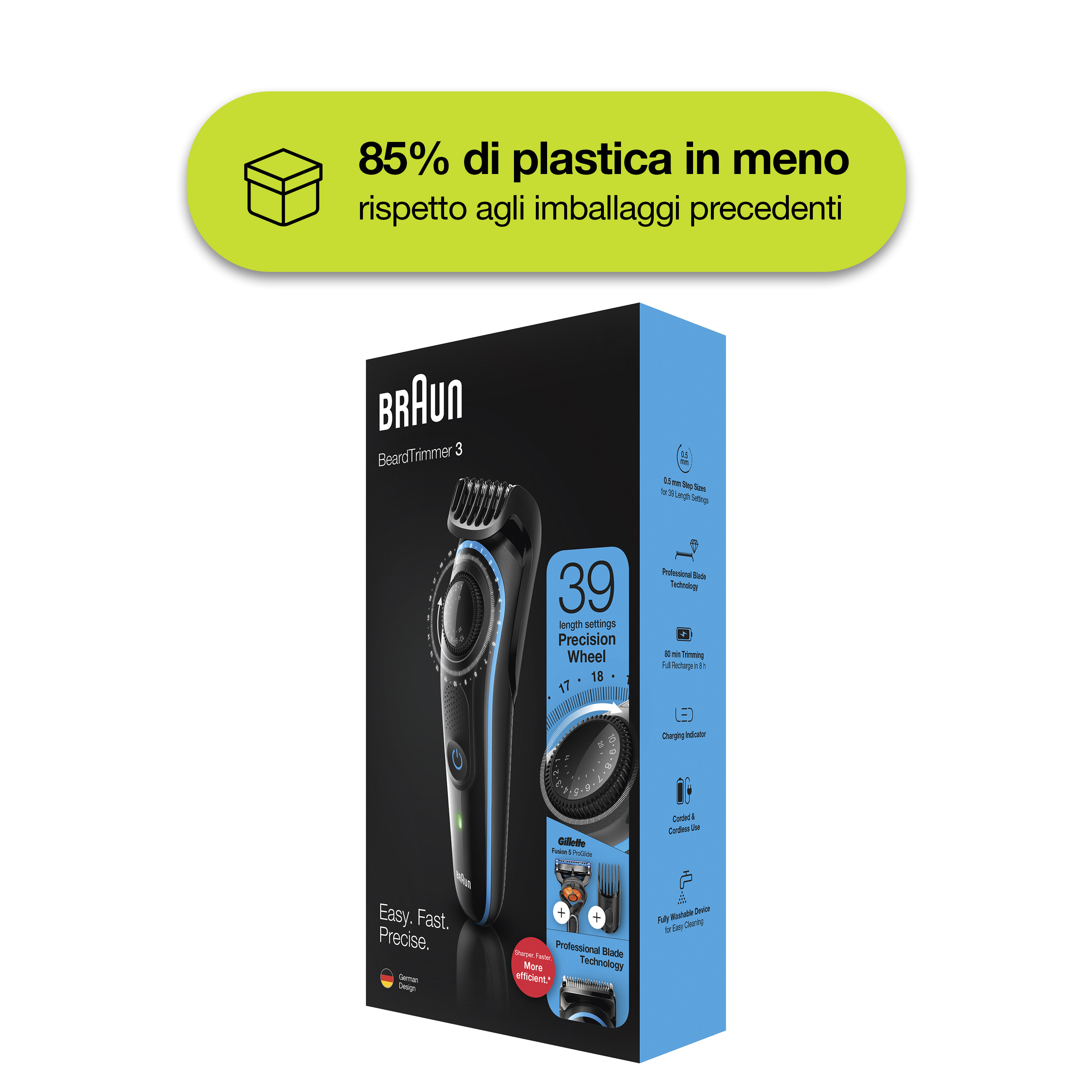 Una scatola con un regolabarba, che evidenzia l'85% in meno di plastica nell'imballaggio. Il regolabarba è nero e blu.