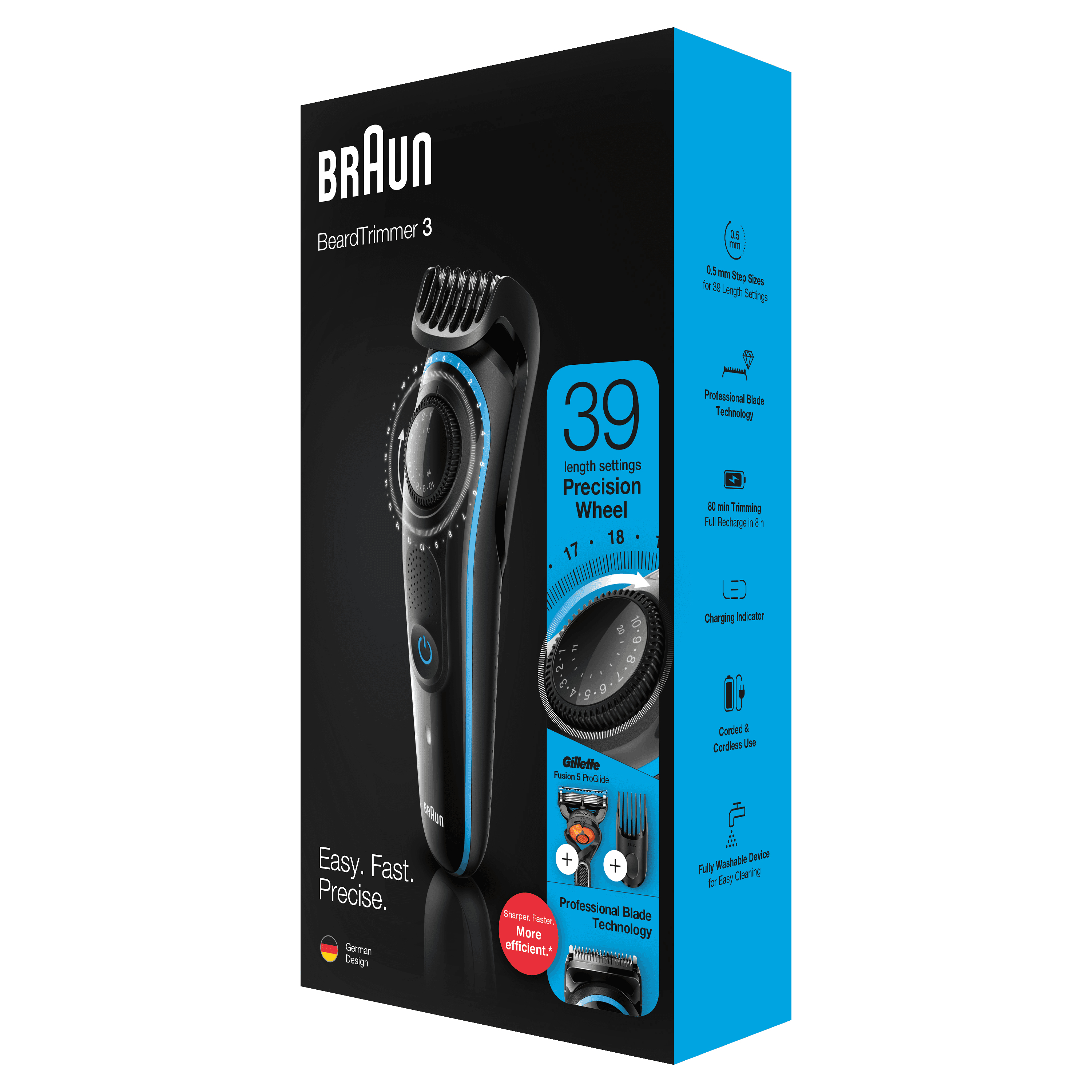 Braun BeardTrimmer 3 in scatola. Mostra il trimmer, la rotella delle impostazioni, la lama e le funzioni. Testo: Braun.