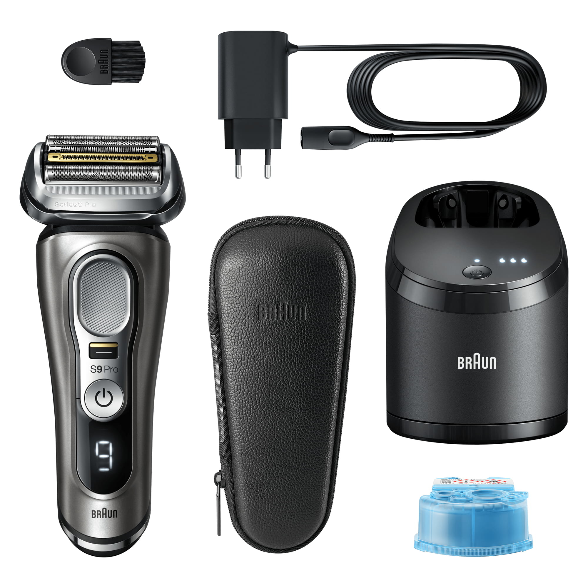 A shaver with accessories, including a charger, cleaning brush, and travel case.