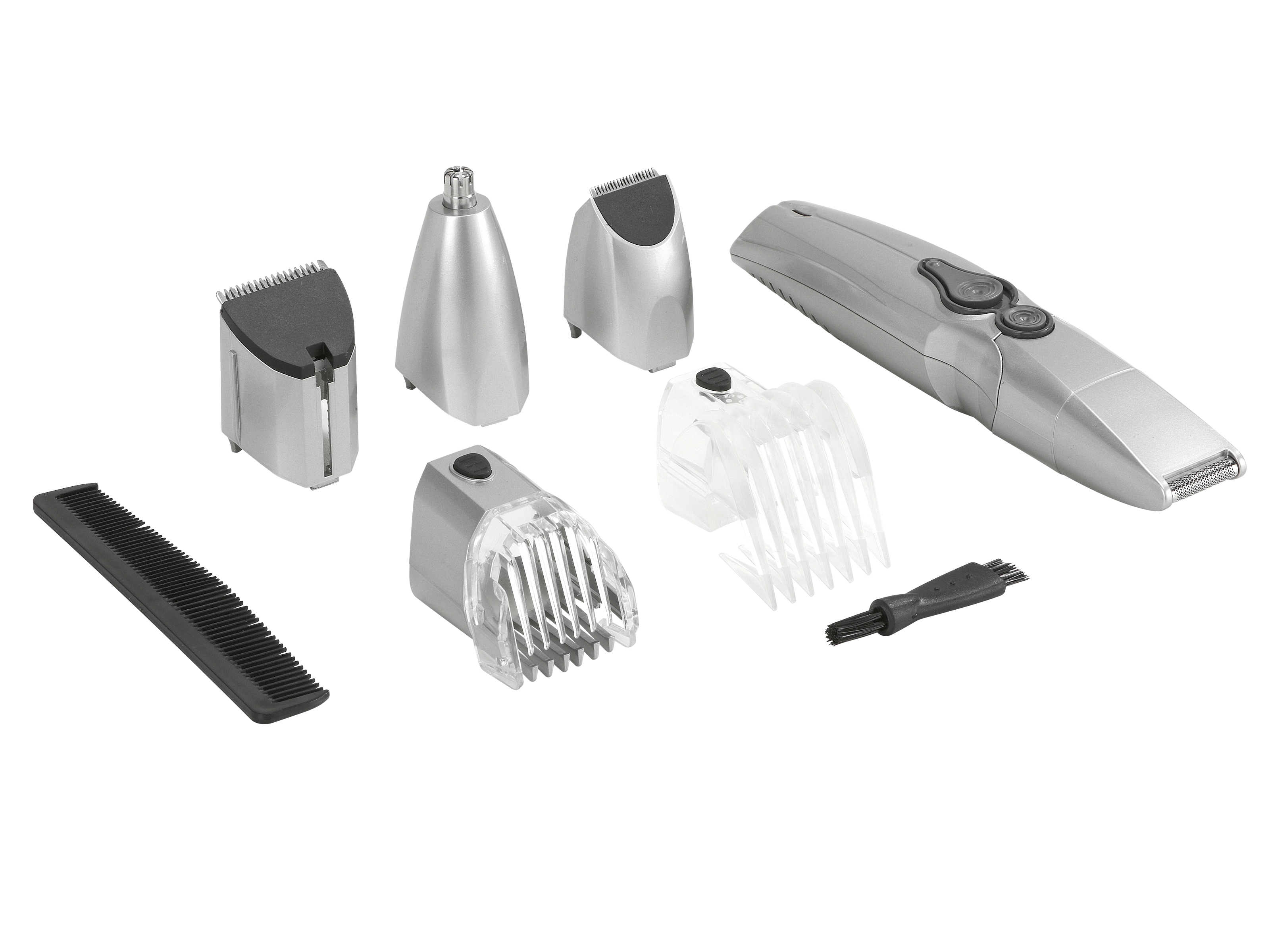 Un set di strumenti per la toelettatura argentati, tra cui testine per trimmer, un pettine e una spazzola.