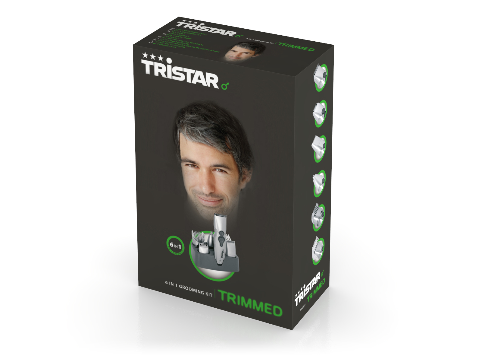 Una scatola nera con l'immagine di un uomo e un kit per la cura del corpo Tristar 6 in 1, su sfondo bianco.