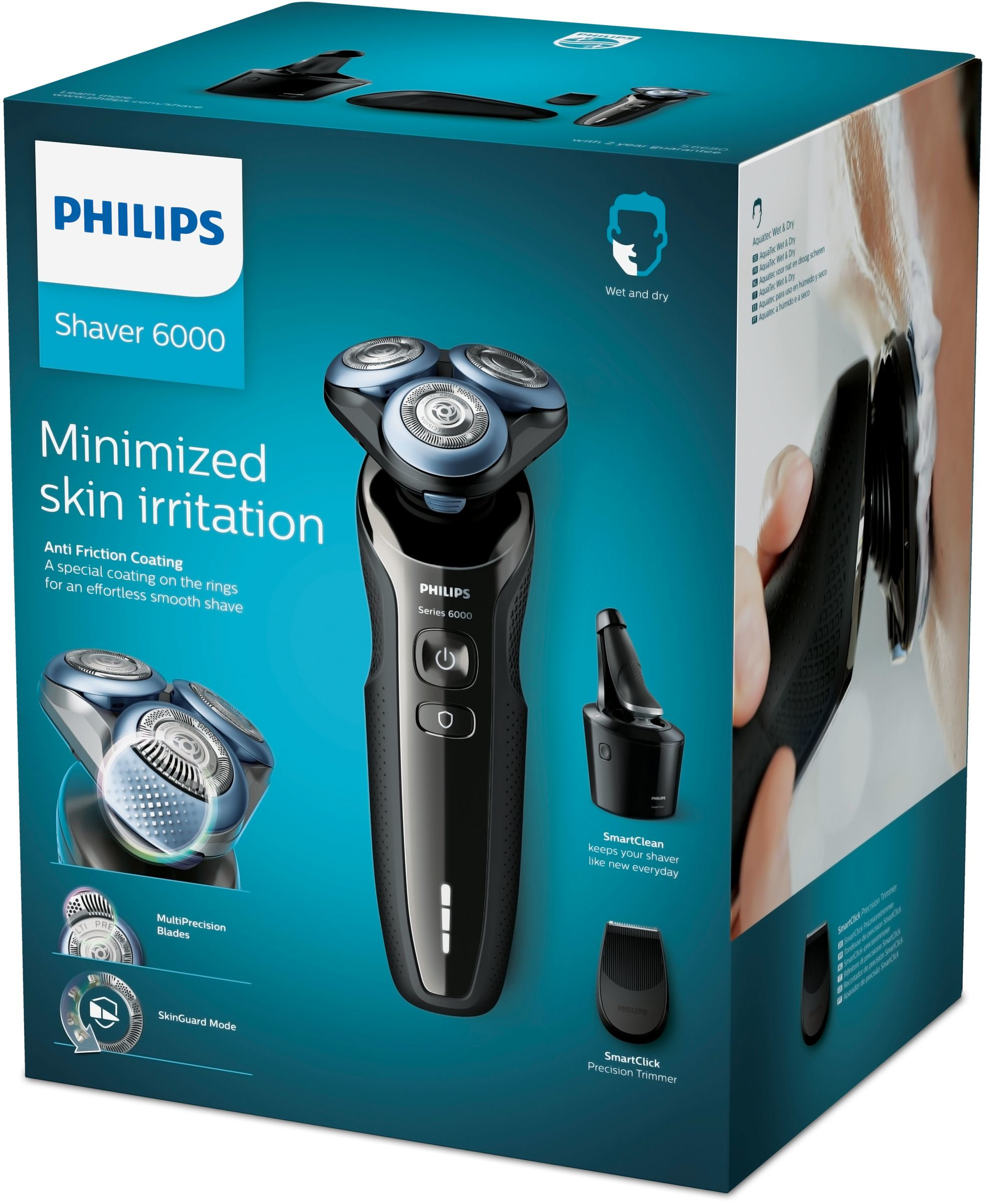 Scatola del rasoio Philips. Il rasoio è nero e blu. Testo sulla scatola: Irritazione della pelle minimizzata. Serie 6000.