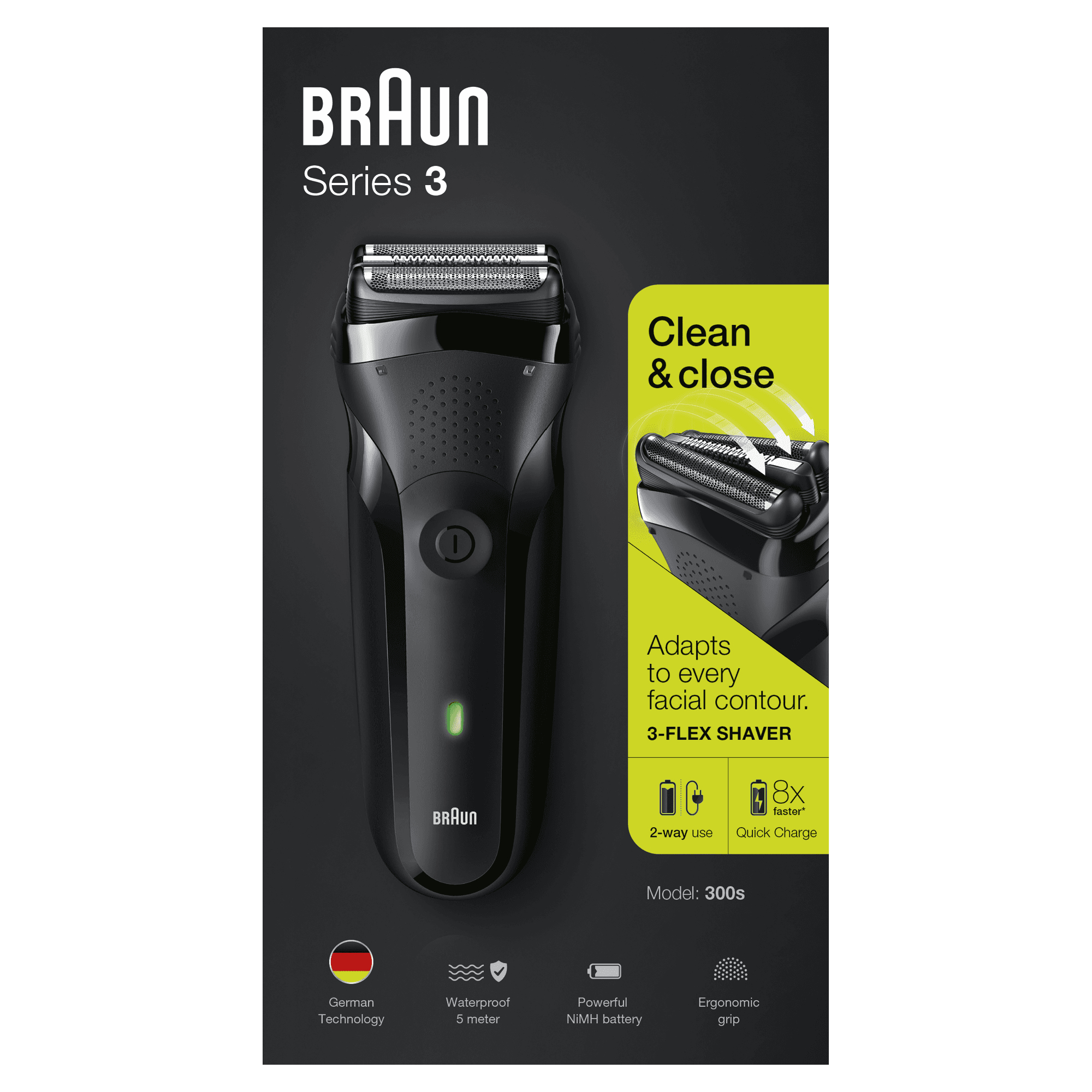 Braun Series 3 Elektrorasierer mit Text auf schwarzem Hintergrund.