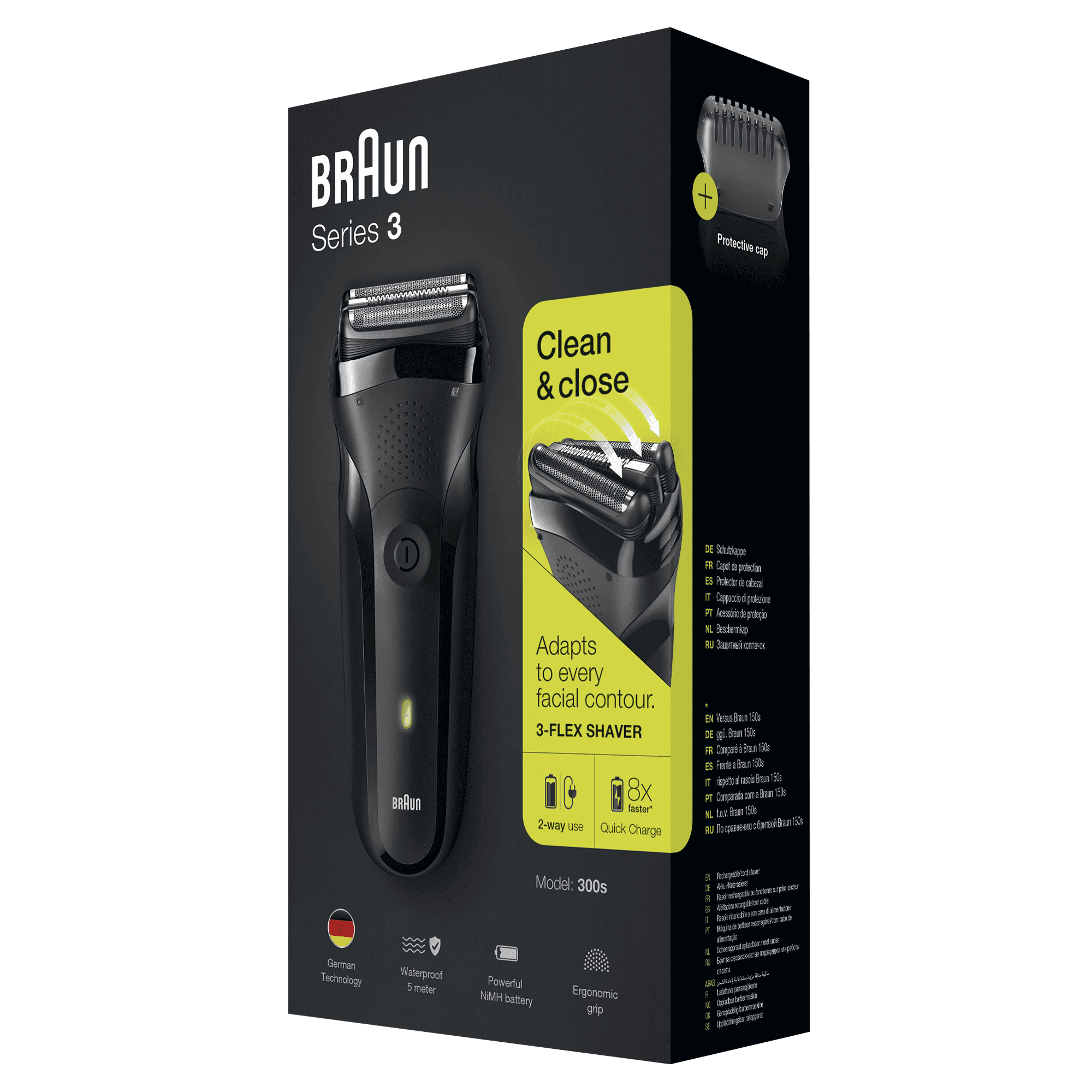 Braun Series 3 Rasierer in schwarzer Verpackung. Merkmale sind wasserdicht, ergonomisch und Schnellladung.