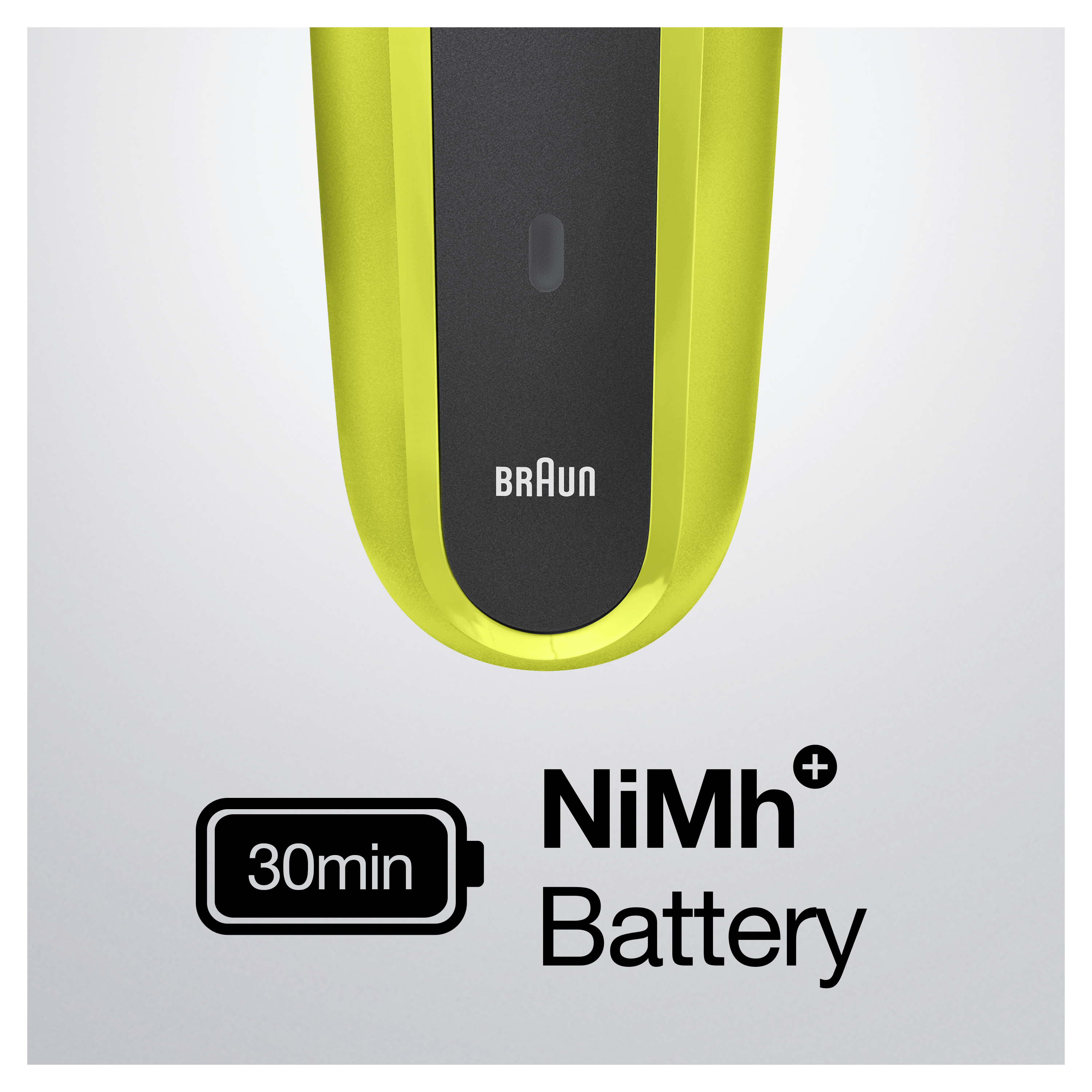 Nahaufnahme eines grün-schwarzen Rasierers mit einer Batterielaufzeitanzeige von 30 Minuten.