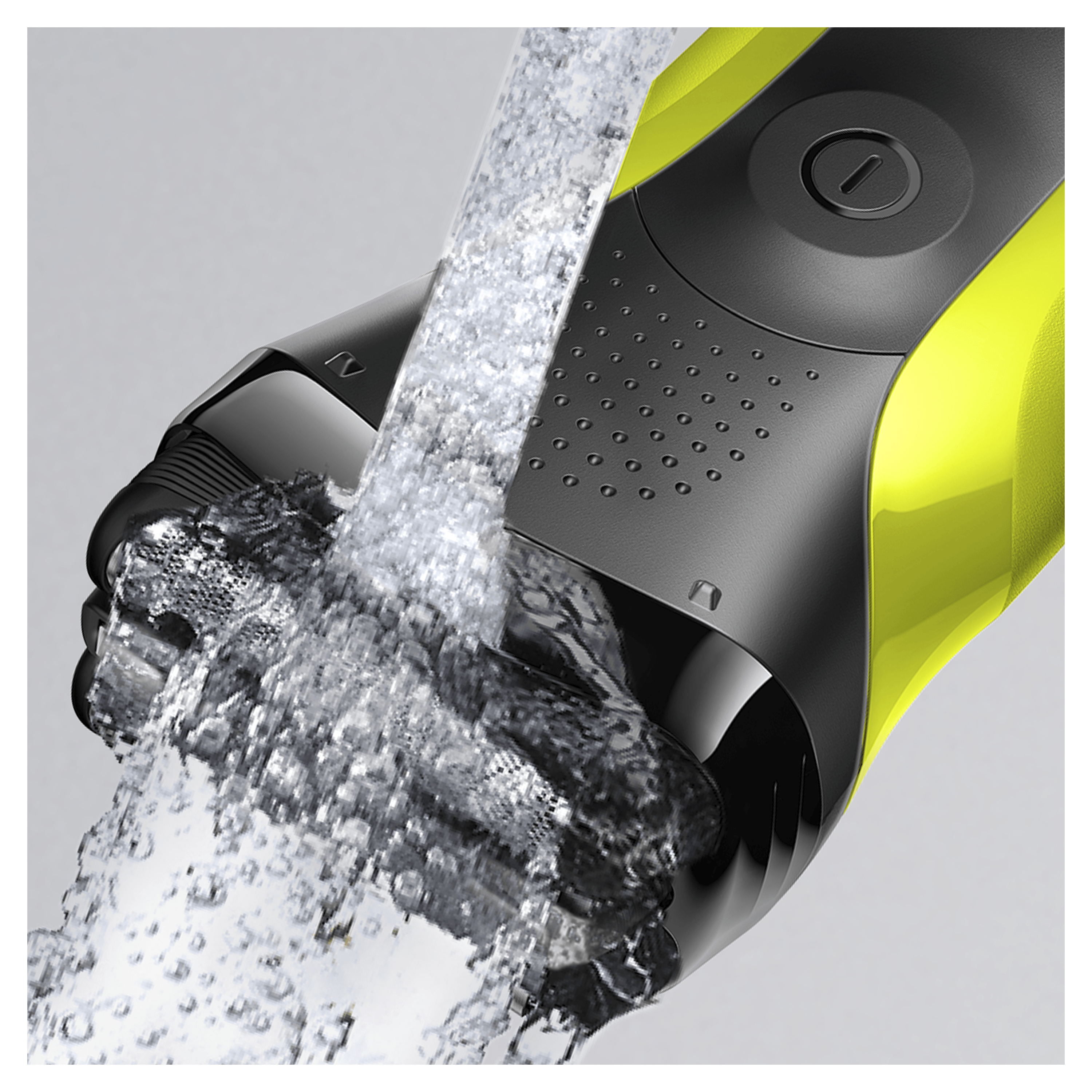 Gelber und schwarzer Elektrorasierer, der mit Wasser gespült wird. Wasser fließt. Nahaufnahme.